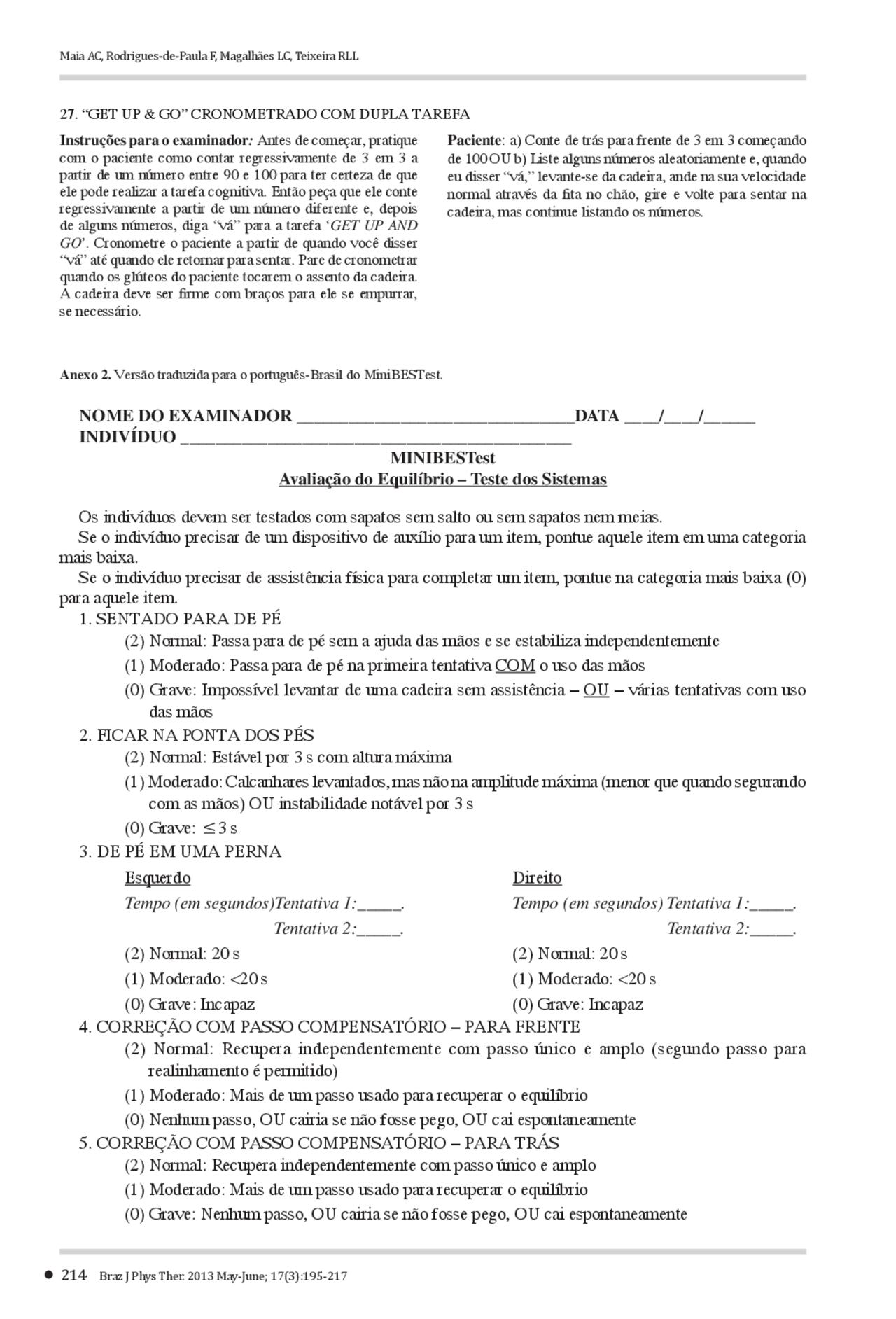 ESCALA DE AVALIAÇÃO MINI BEST TEST | Traduções Avaliação de Desempenho | Docsity