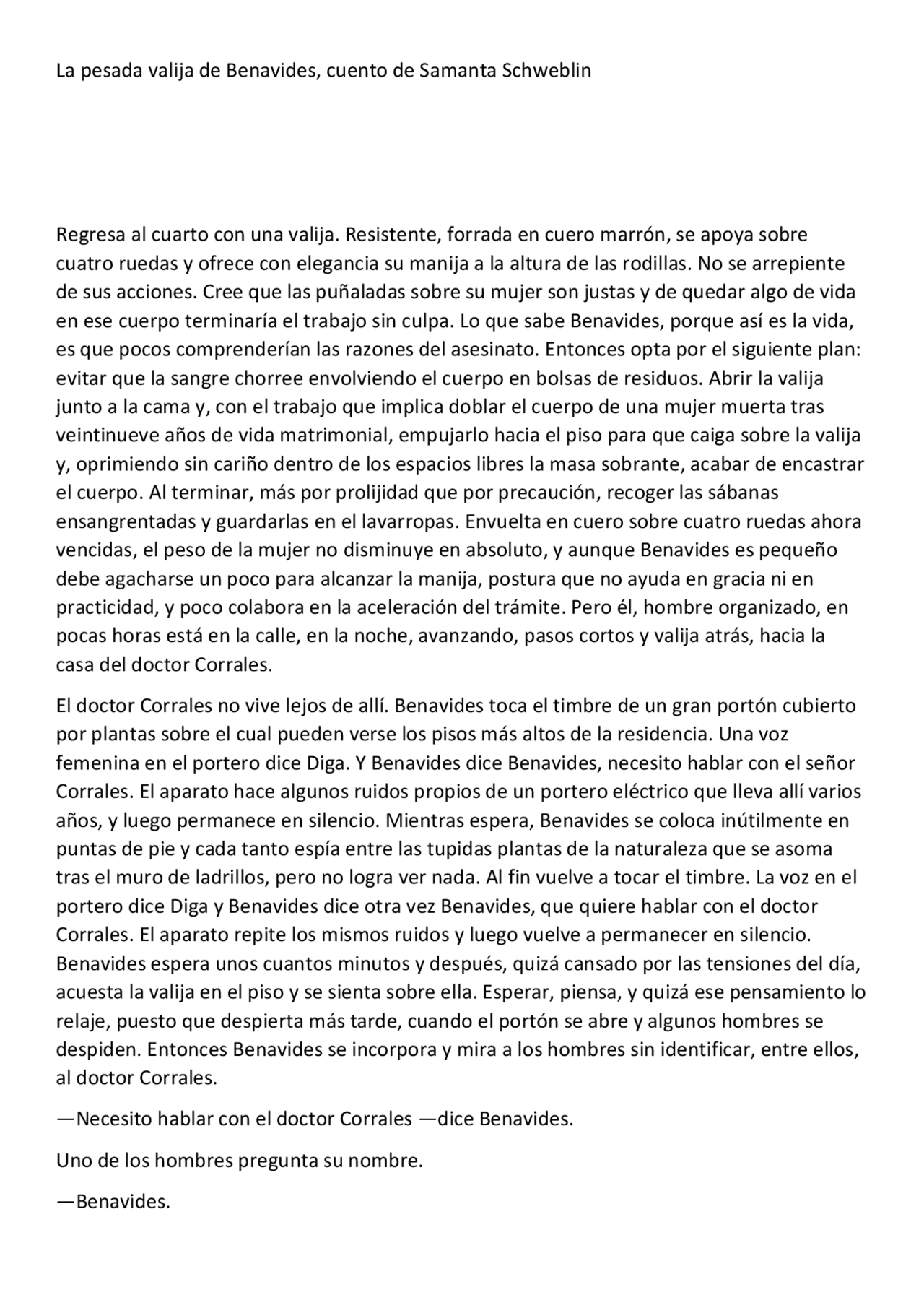 La pesada valija de Benavides Apuntes de Literatura Docsity