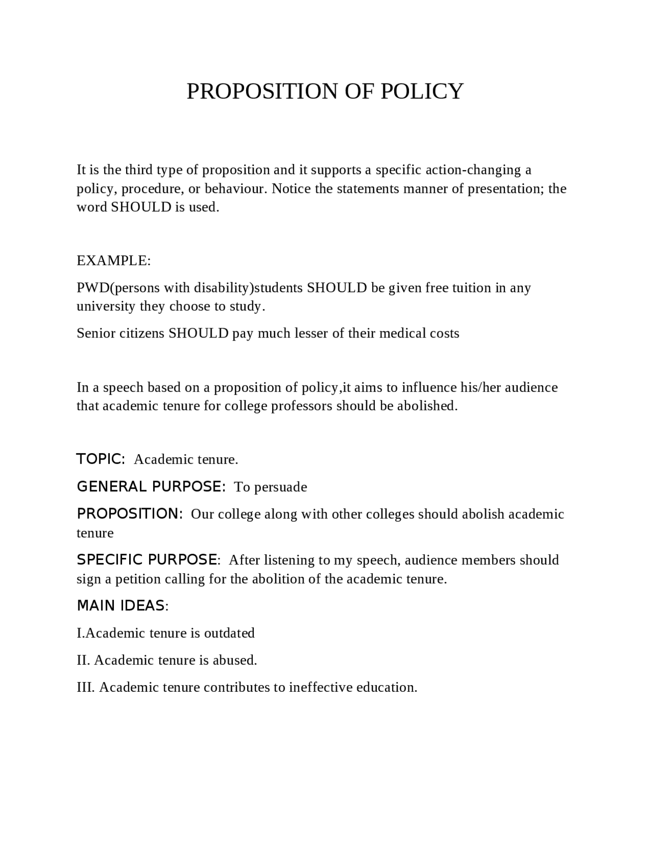 Proposition Of Policy Docsity