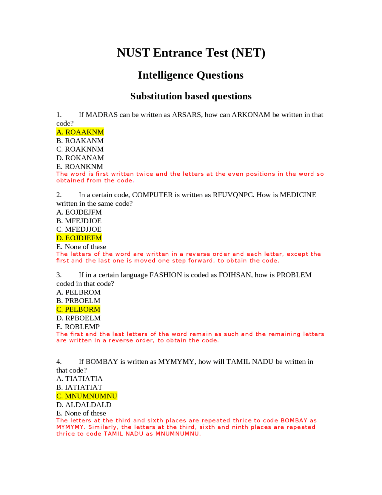 NET IQ-Substitution based questions Practice. - Docsity