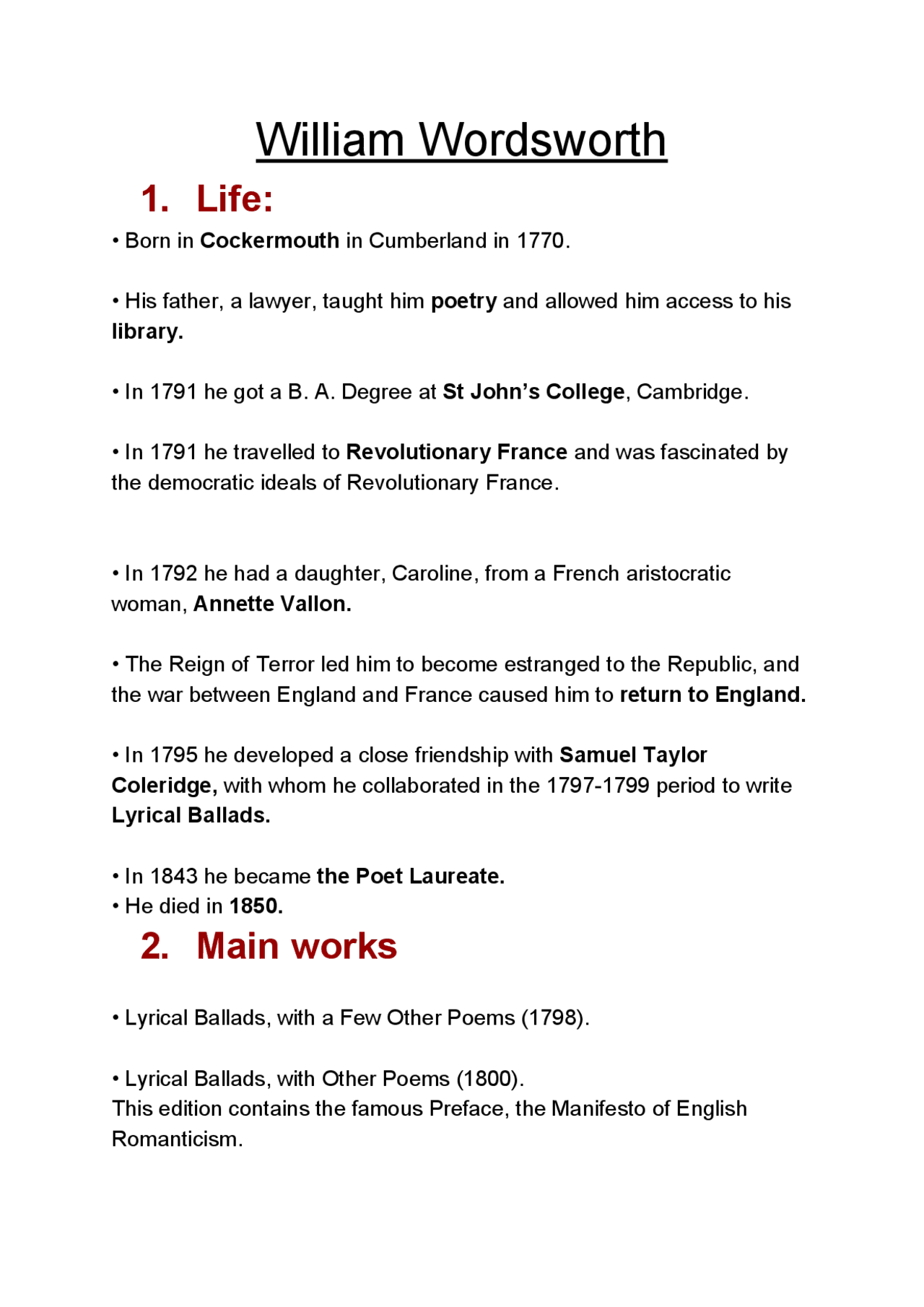 WORDSWORTH: Life, main works ,language of poetry - Docsity