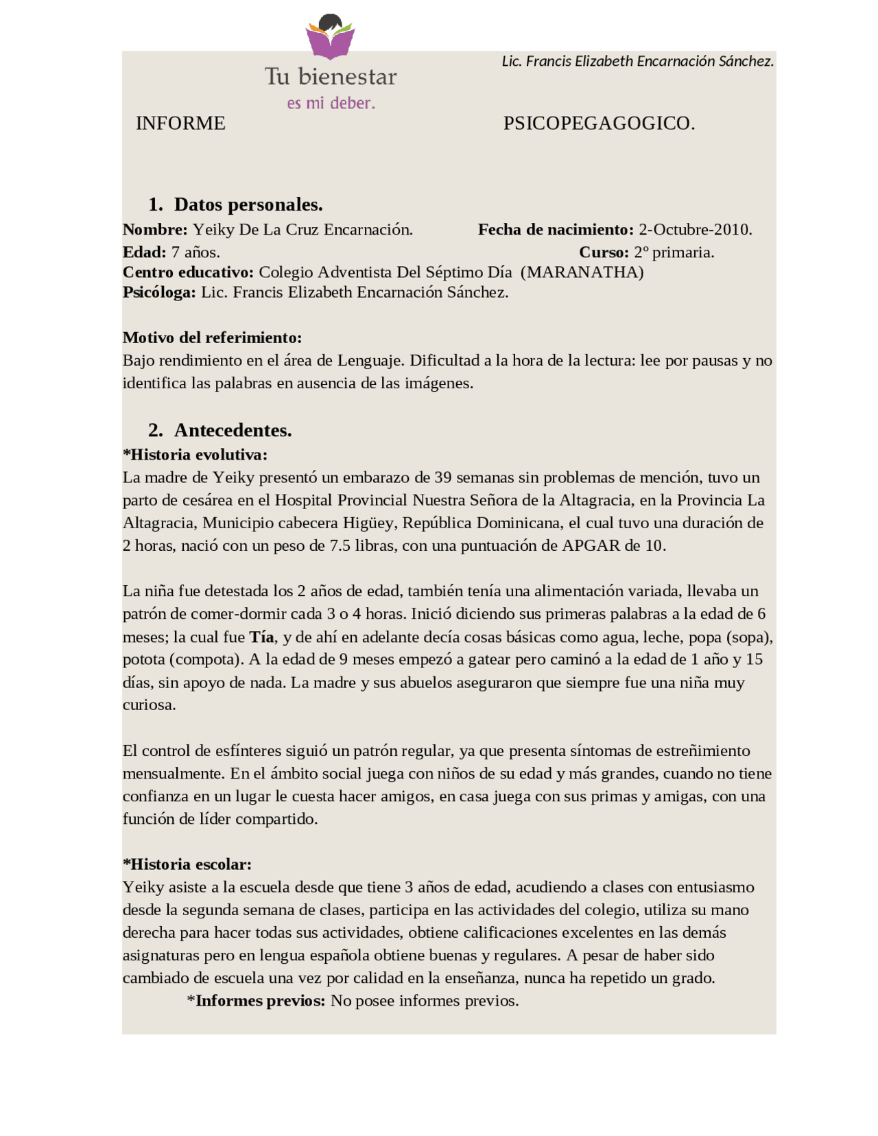 Modelo de Informe Psicopedagógico Guías, Proyectos, Investigaciones de Teoría de Juegos Docsity