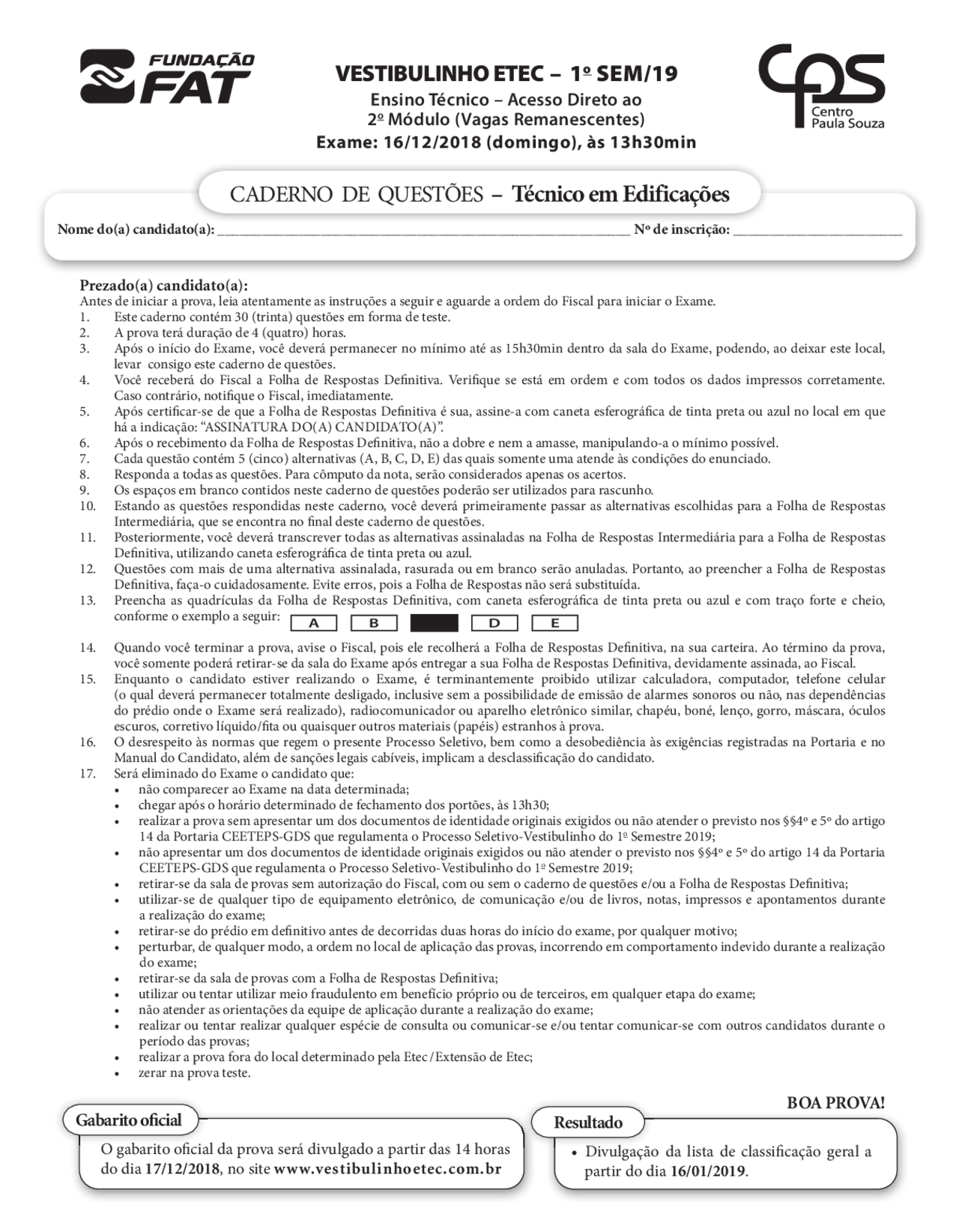 Prova Etec 2019 do Vestibulinho de acesso ao 2° módulo - Docsity