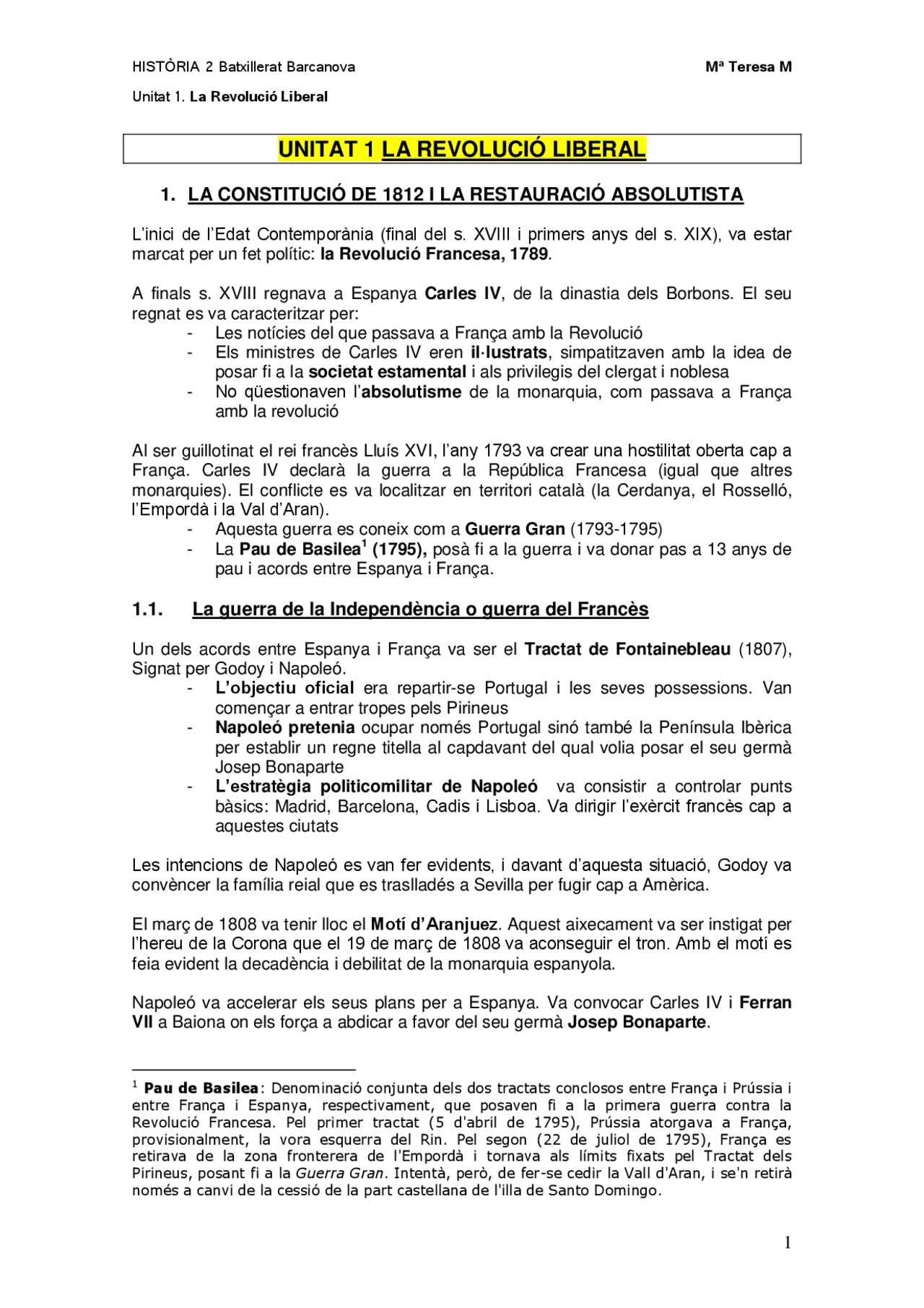 Resum Uni 1 Hª Espanya, Barcanova - UNITAT 1 LA REVOLUCIÓ LIBERAL ...