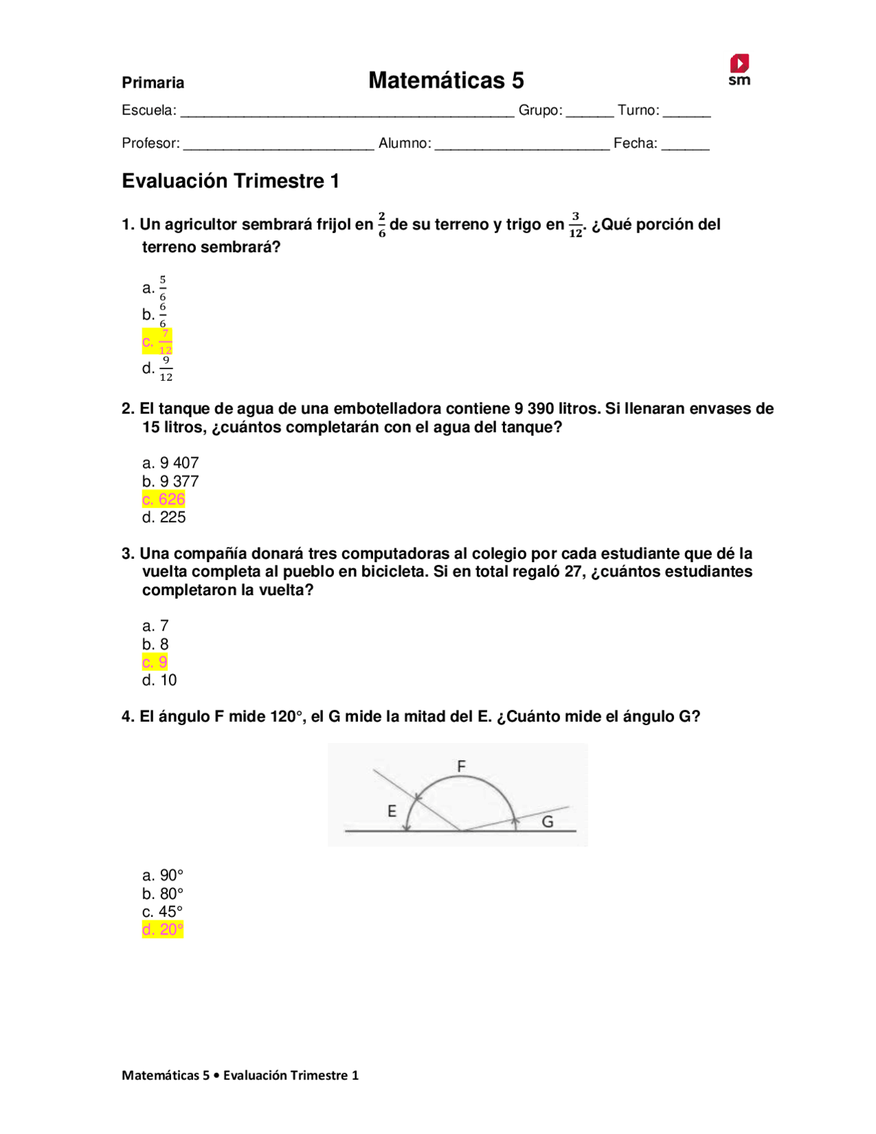 Matemáticas 5 primaria sm | Exámenes de Matemáticas | Docsity