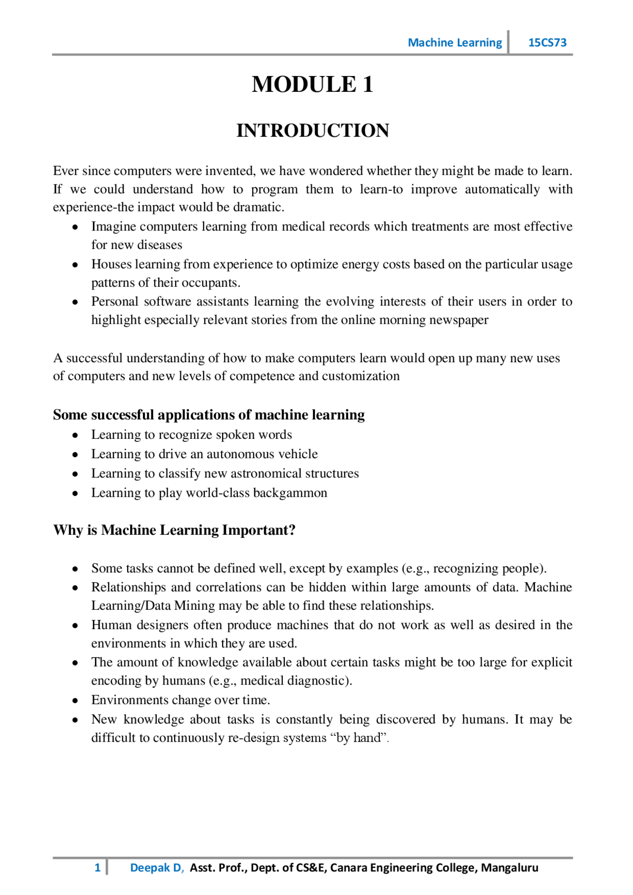Module Design Sample In Machine Learning Machine Learning module 1 - Docsity
