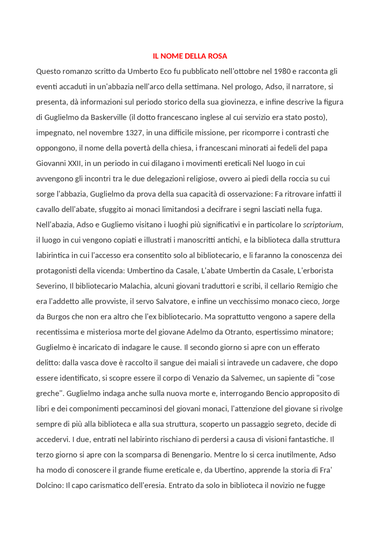 Riassunto il nome della rosa, eco