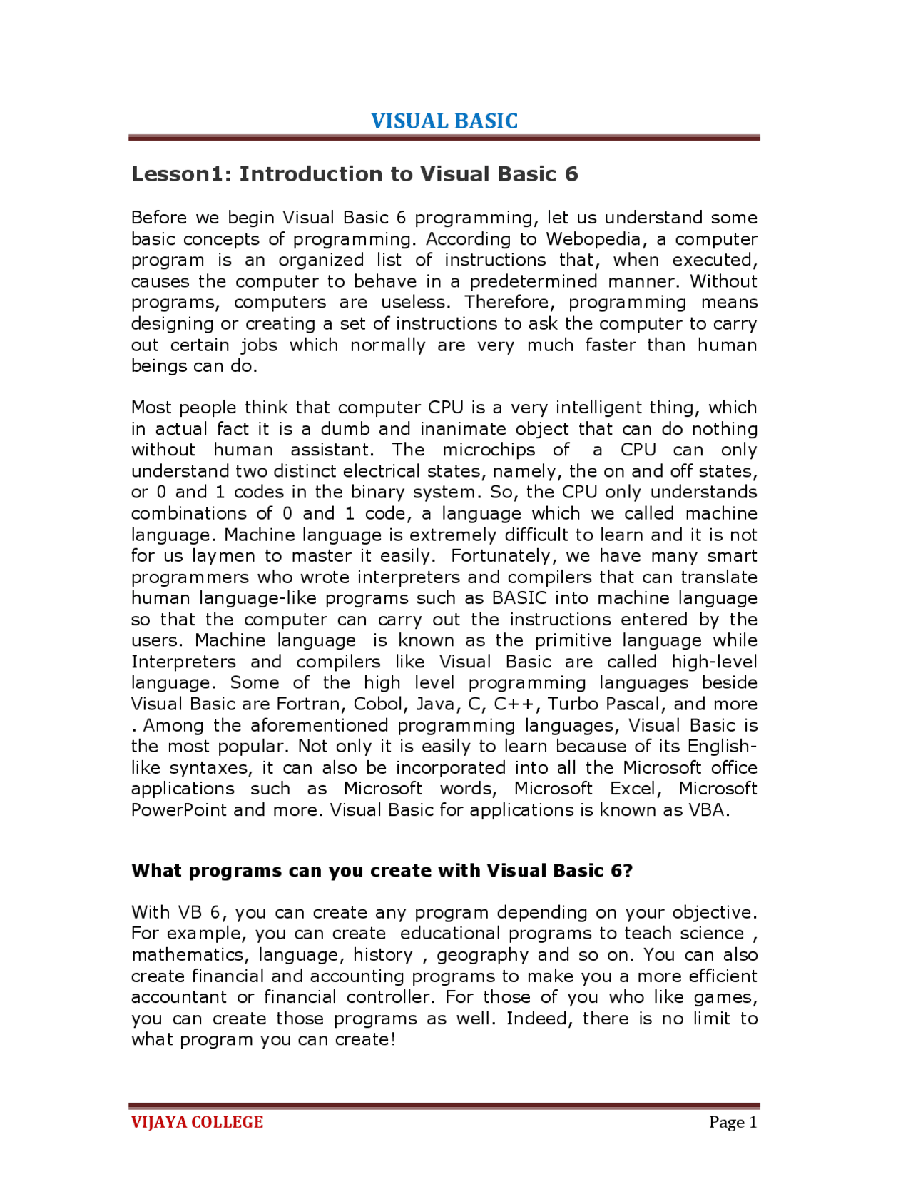 Visual Basic in Bsc computerScience - Docsity