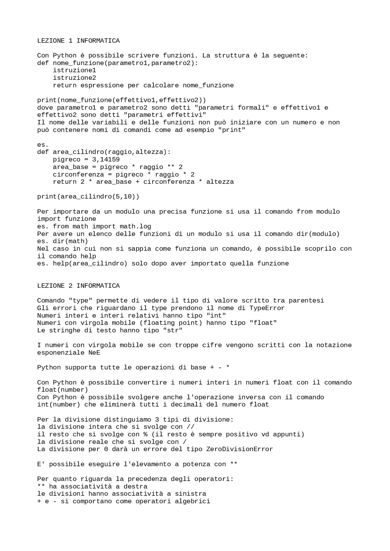 Riassunto linguaggio Python | Appunti di Elementi di Informatica | Docsity