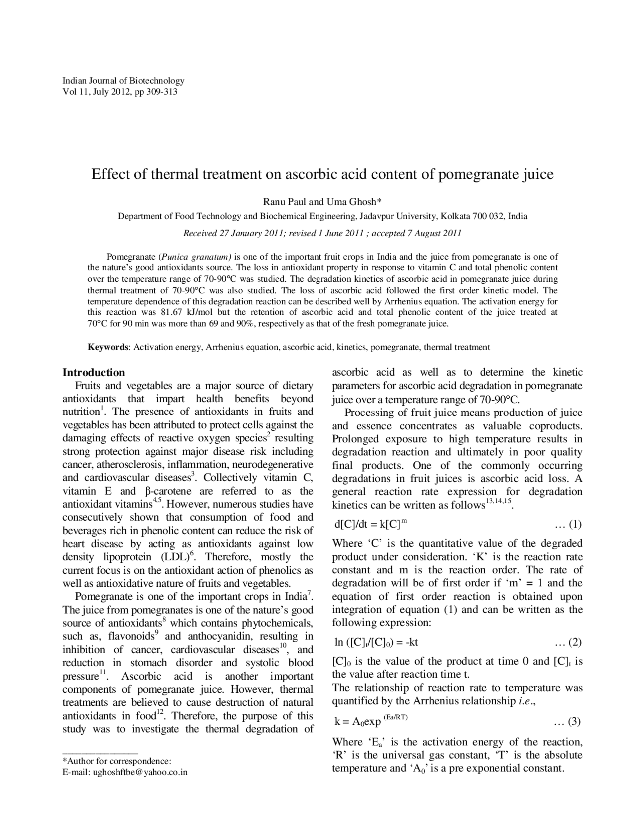 Thermal Effect on Ascorbic Acid Content of Pomegranate Juice: Kinetics ...