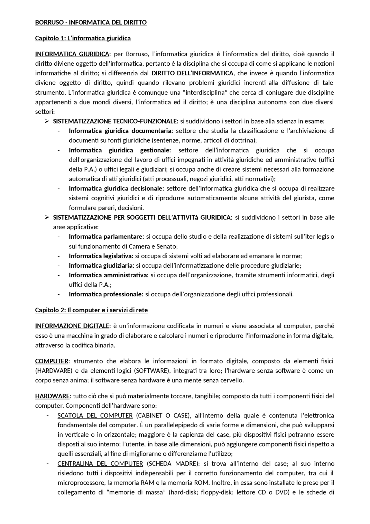 Riassunto L'informatica del diritto, II ed., 2007, R. Borruso - Docsity