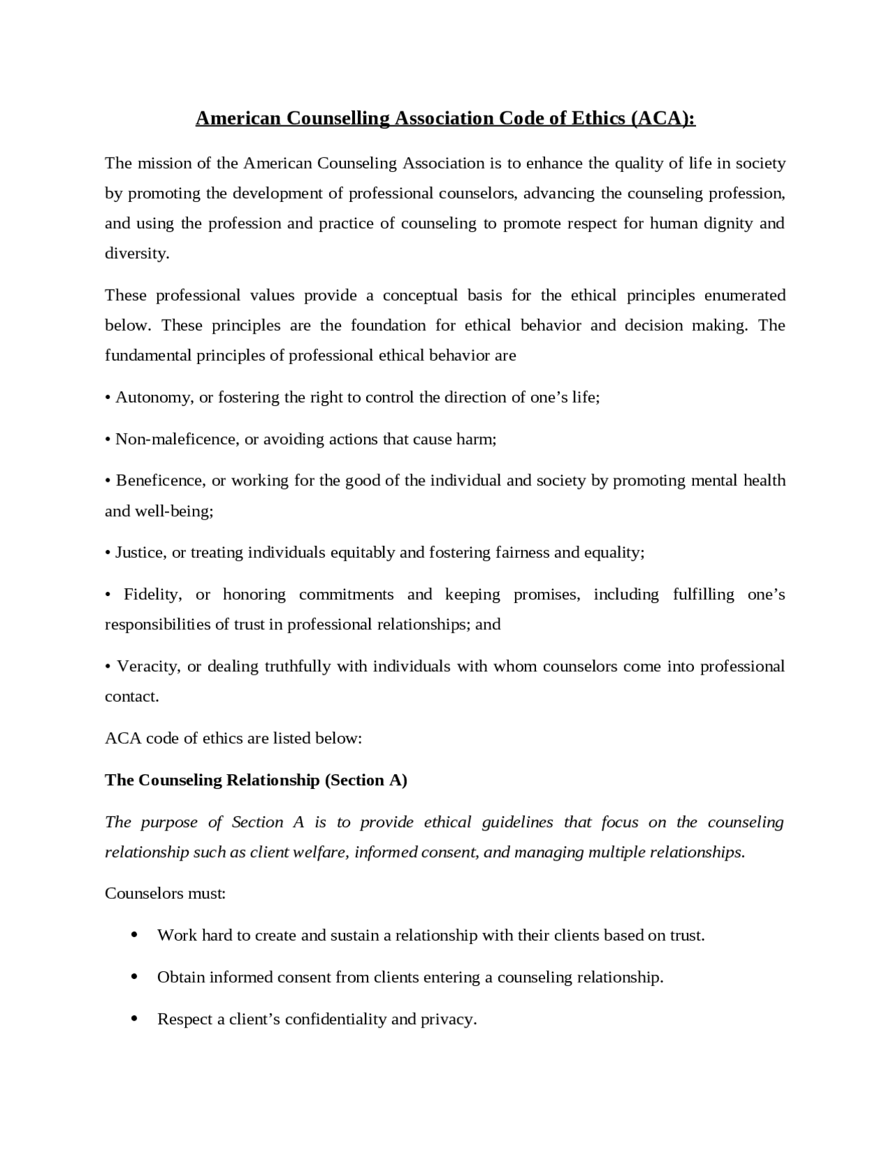 ACA CODE ETHICS for ethics in psychology - Docsity