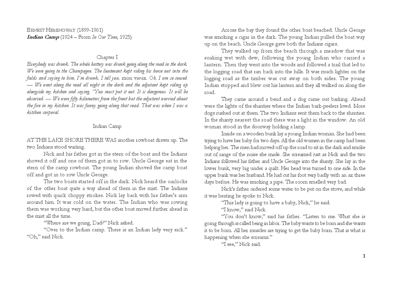 ERNEST HEMINGWAY Indian Camp Docsity