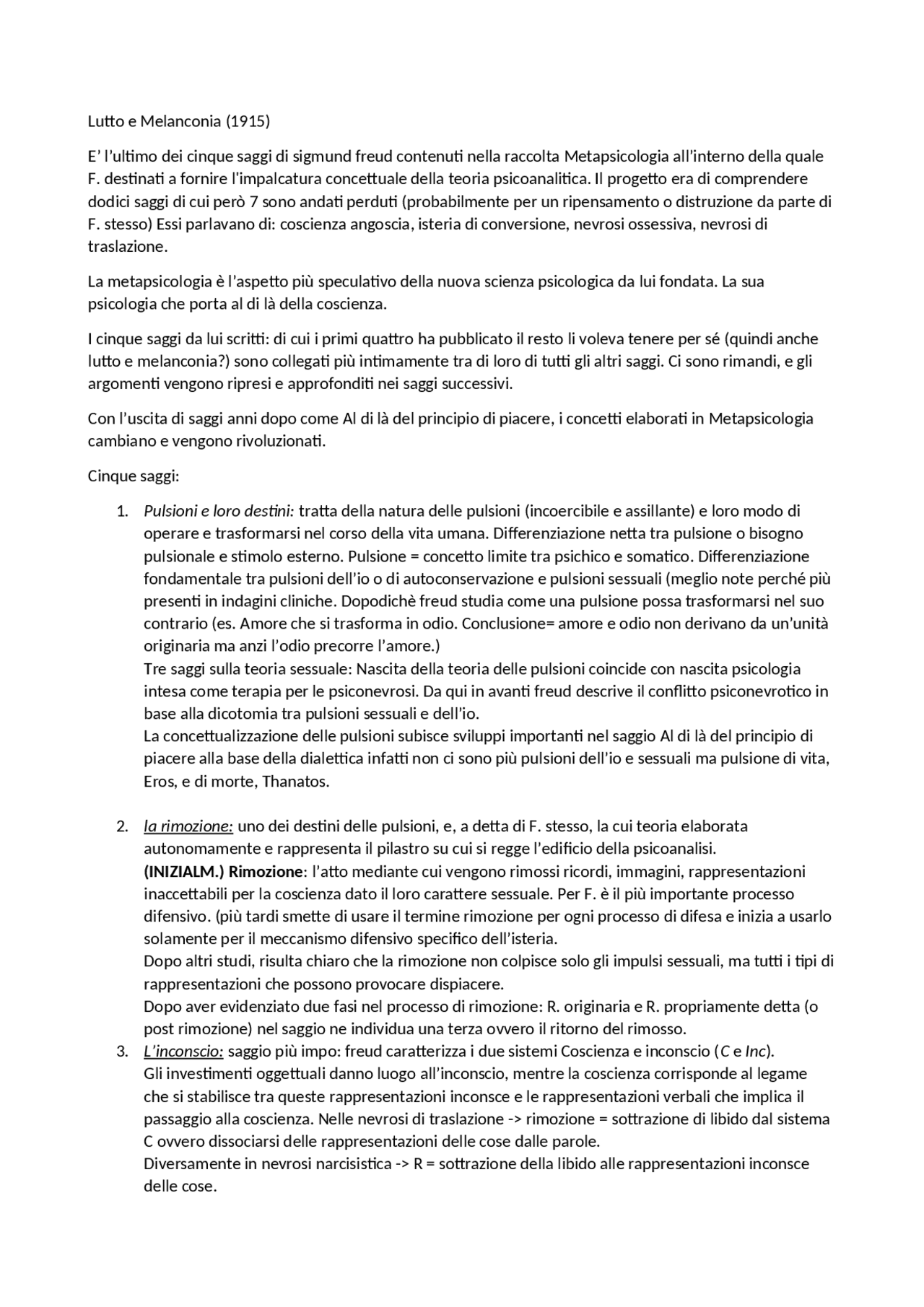Lutto e melanconia, Freud Sintesi del corso di Letteratura Italiana