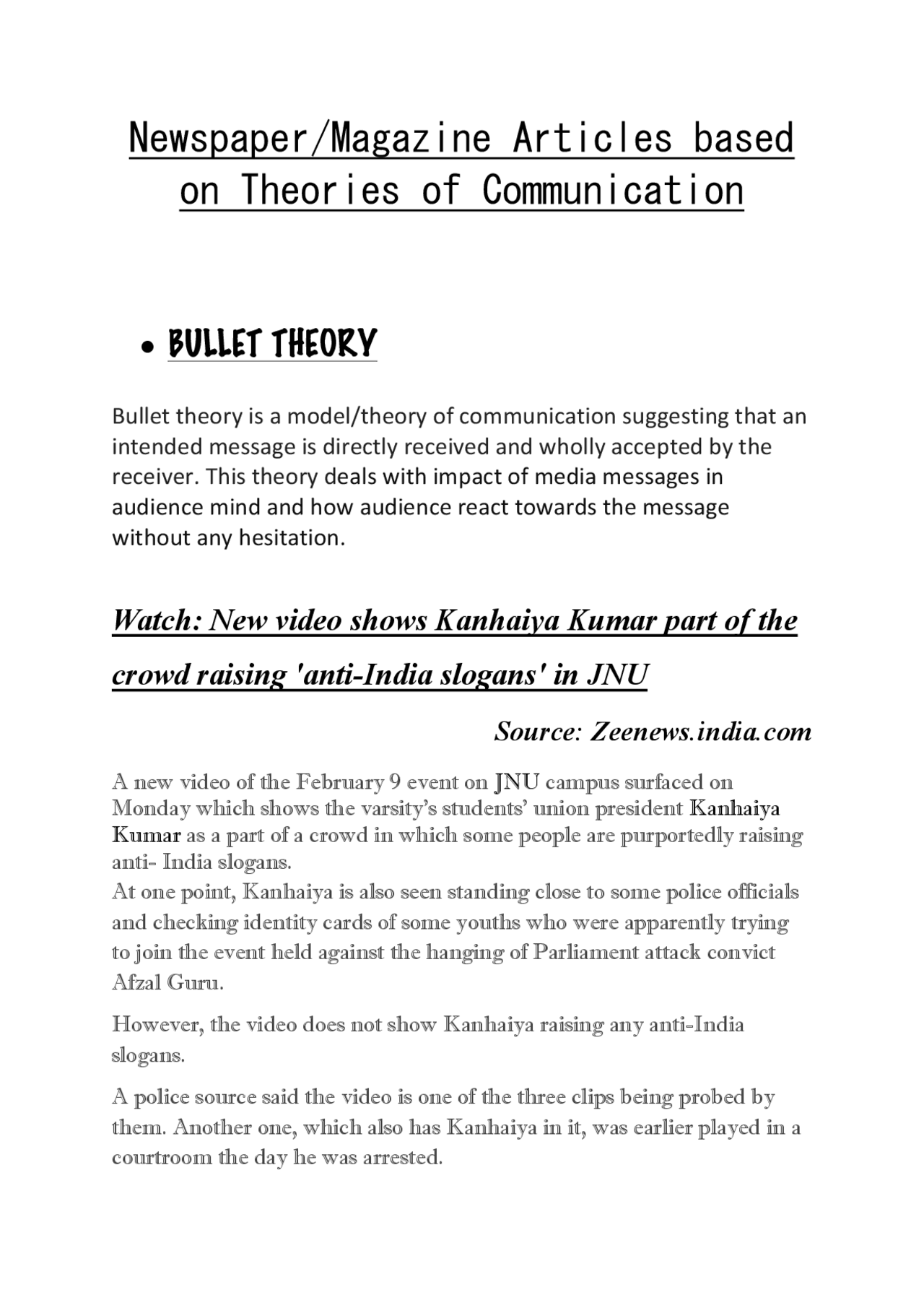 Newspaper/Magazine Articles based on Theories of Communication Study