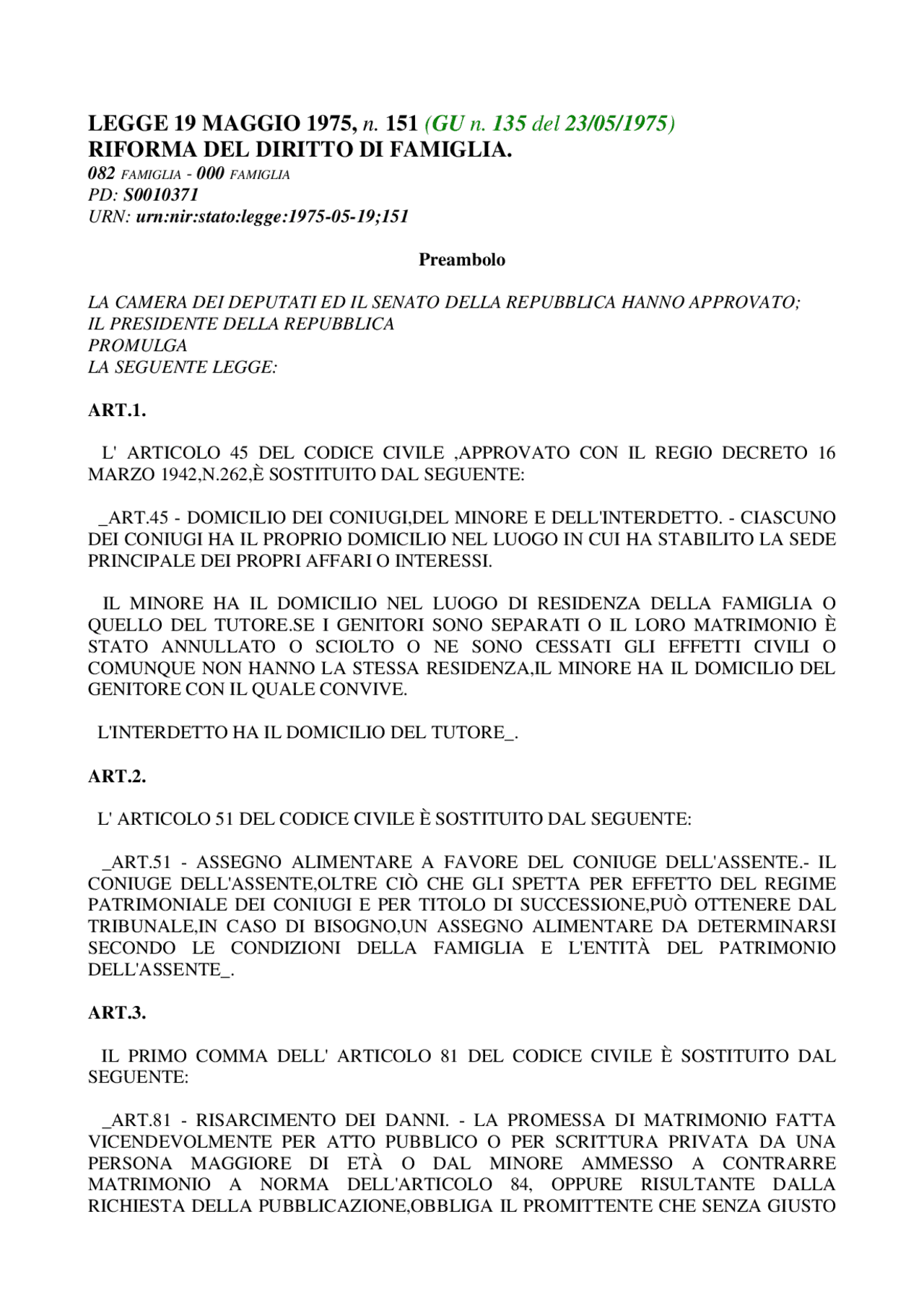 Legge 31 maggio 1975, n. 151 Sintesi del corso di Diritto Docsity