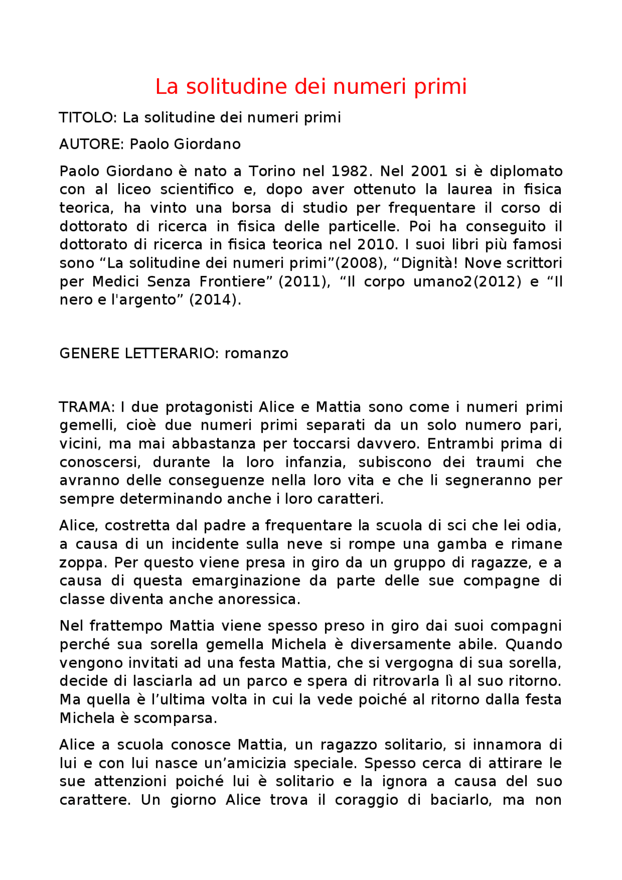 La solitudine dei numeri primi Paolo Giordano Appunti di Italiano Docsity La solitudine dei numeri primi Paolo Giordano Appunti di Italiano Docsity