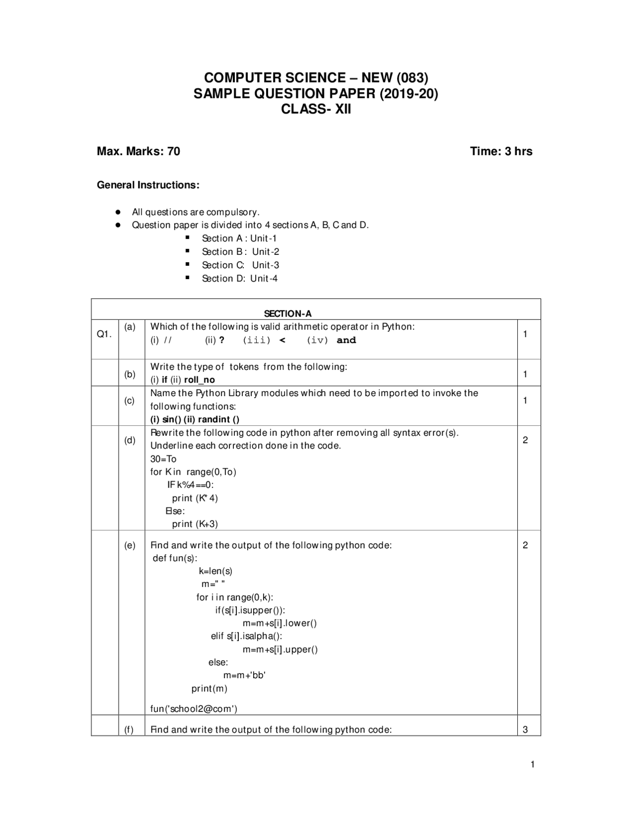 COMPUTER SCIENCE SAMPLE PAPER 2020 - Docsity