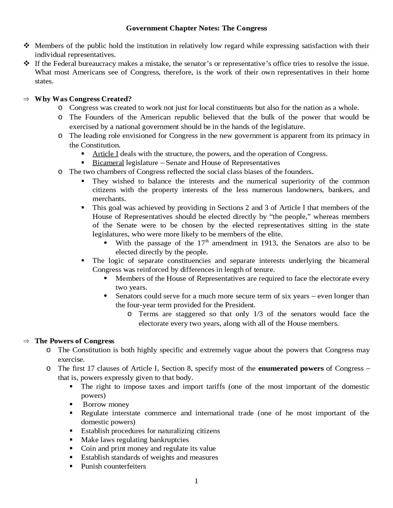 Congress notes for AP government and politics | Study notes Political ...