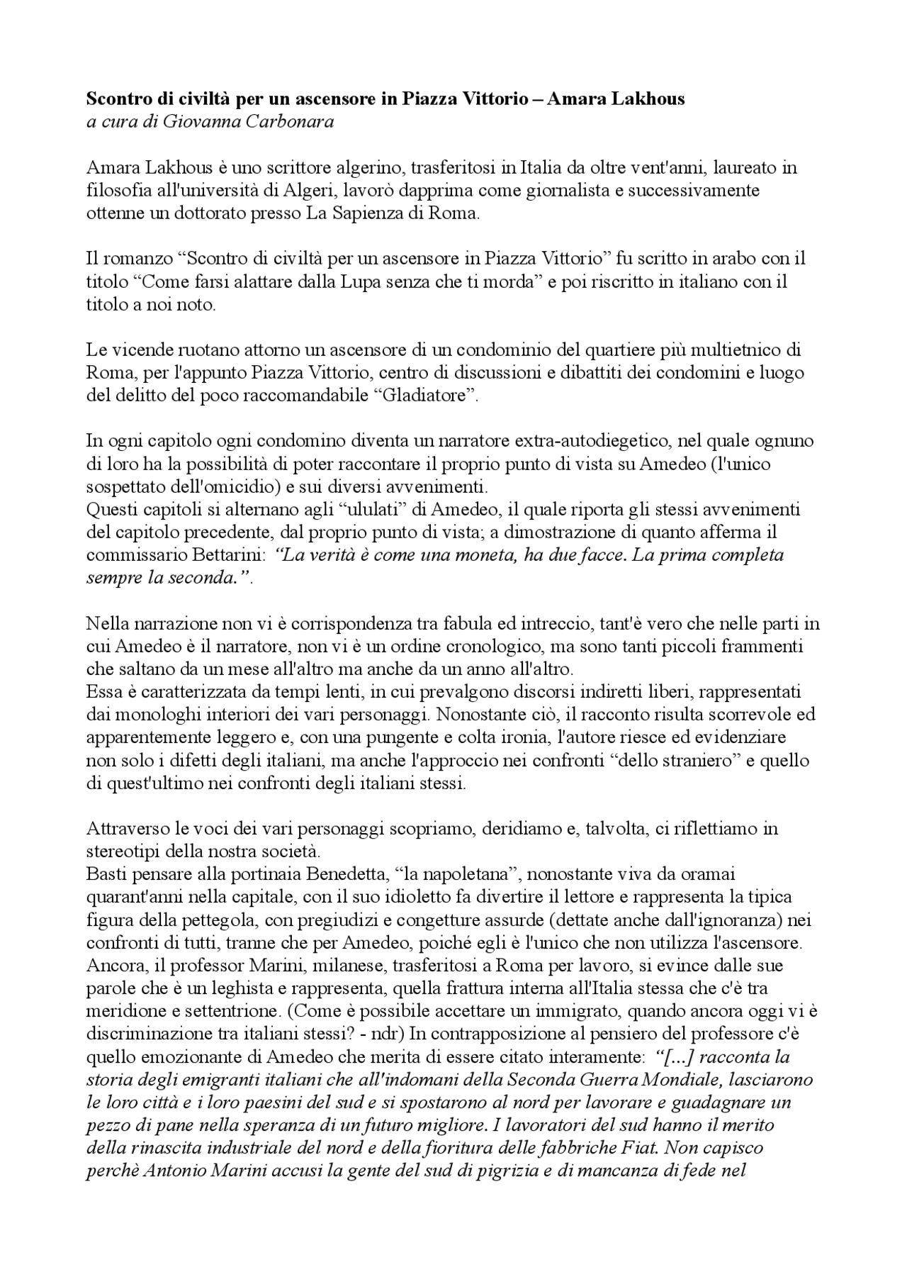 Scontro di civiltà per un ascensore in Piazza Vittorio Docsity