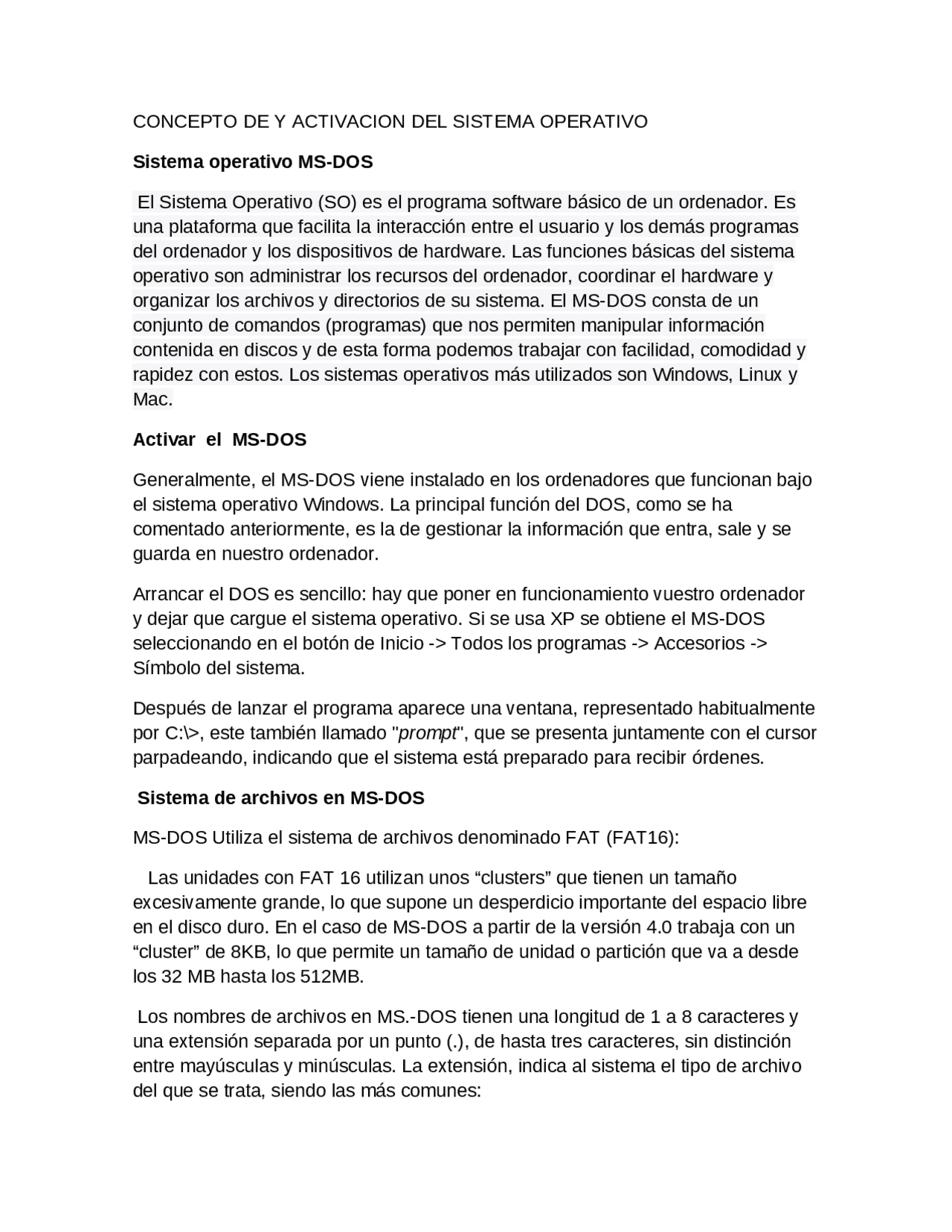 Sistema operativo ms-dos - Docsity