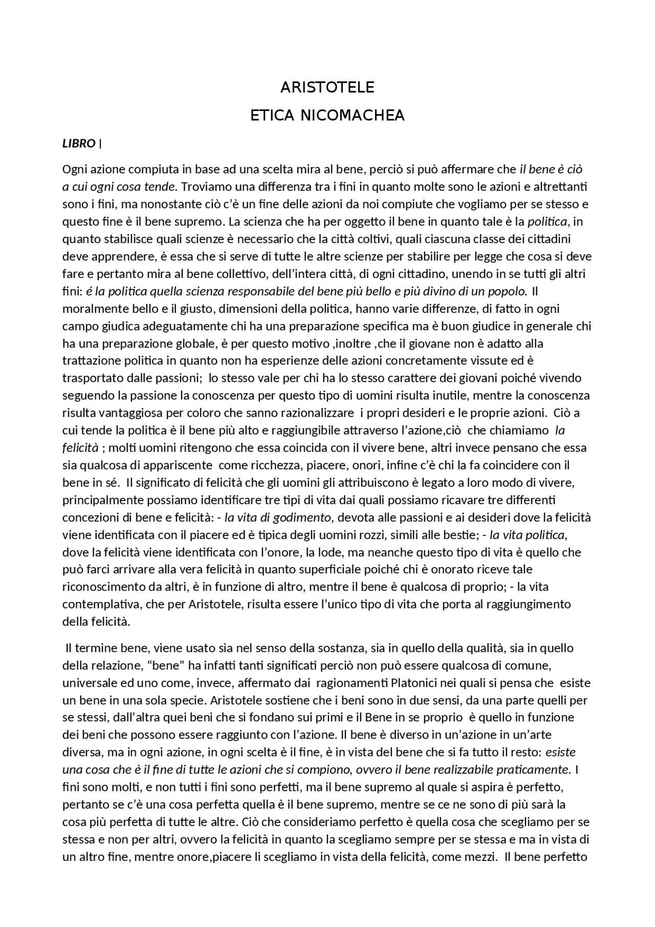 Aristotele Etica Docsity