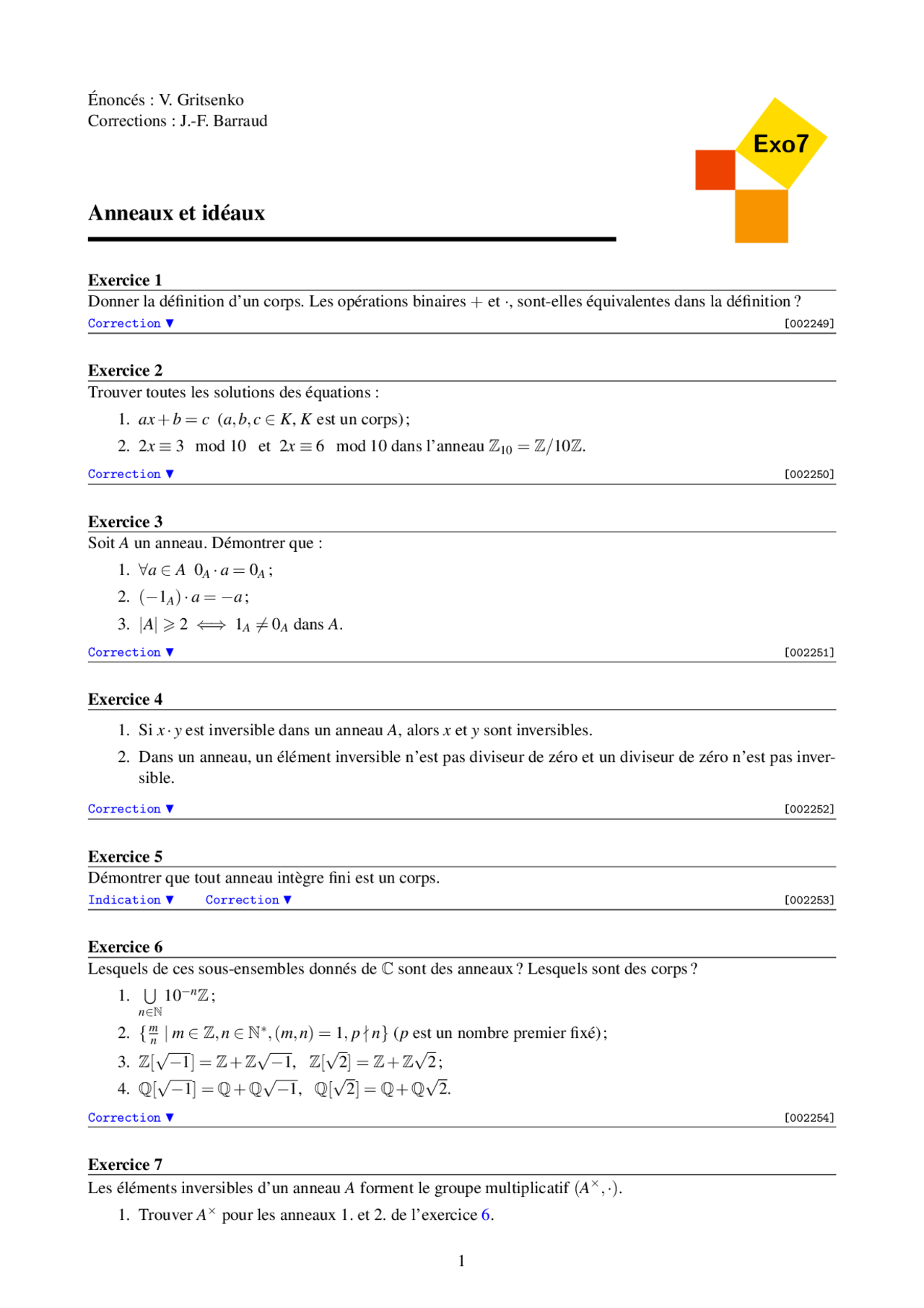 Anneaux et idéaux de exo7 | Exercises Algebra | Docsity