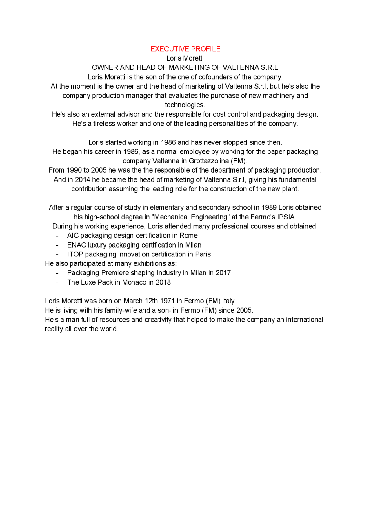 Executive Profile Example Docsity