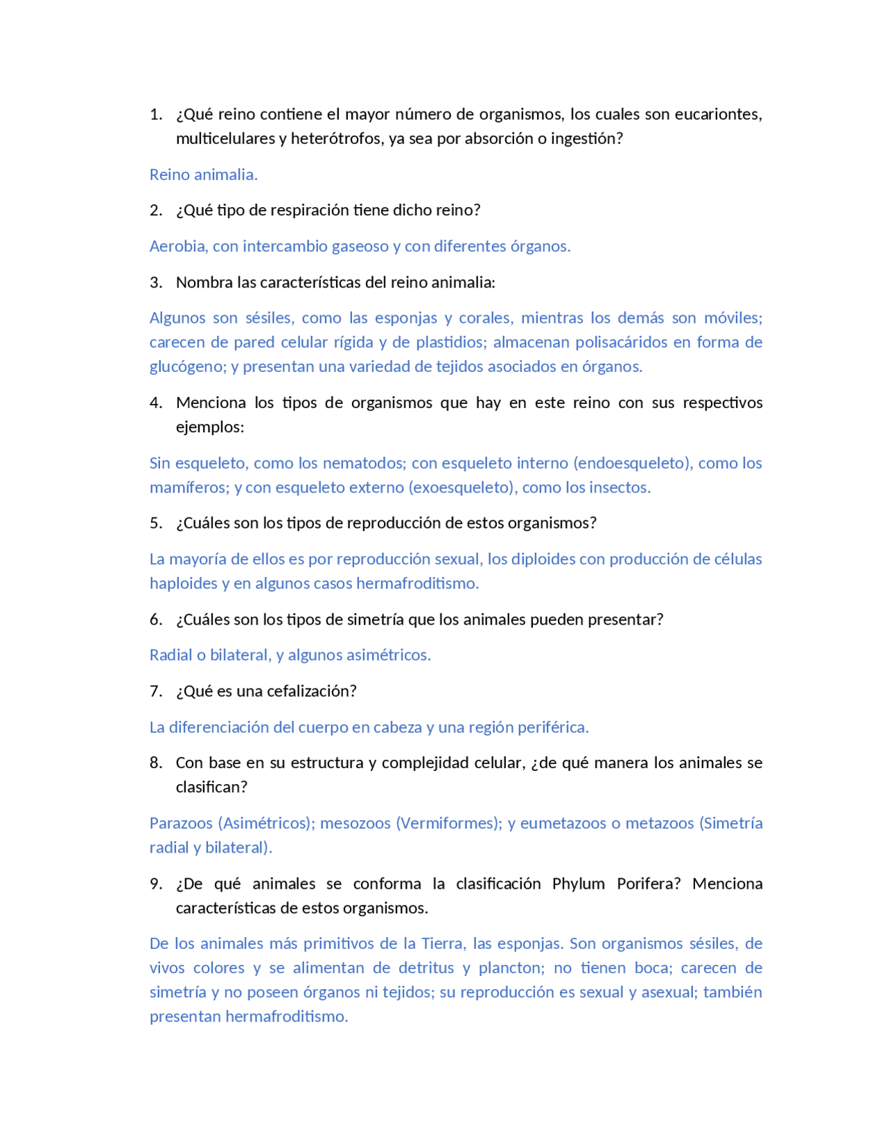 CUESTIONARIO PARA REPASAR EL REINO ANIMALIA | Resúmenes de Biología |  Docsity