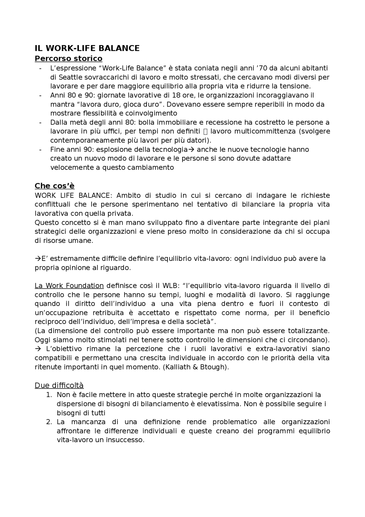 Work life balance (PSICOLOGIA DEL LAVORO) | Dispense di Psicologia del ...