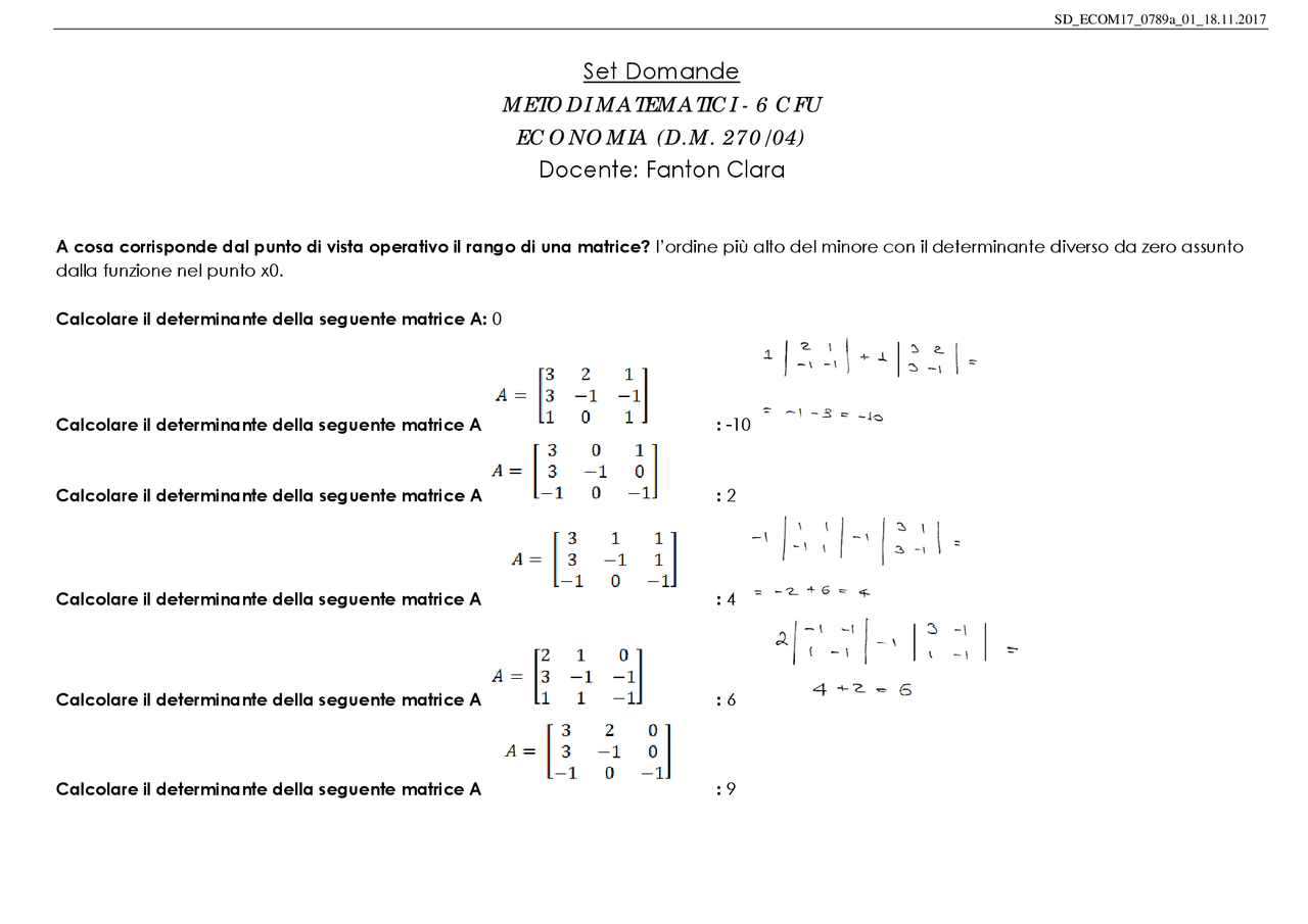 METODI MATEMATICI - Prof. Fanton Clara - Soluzione QUIZ con SPIEGAZIONE