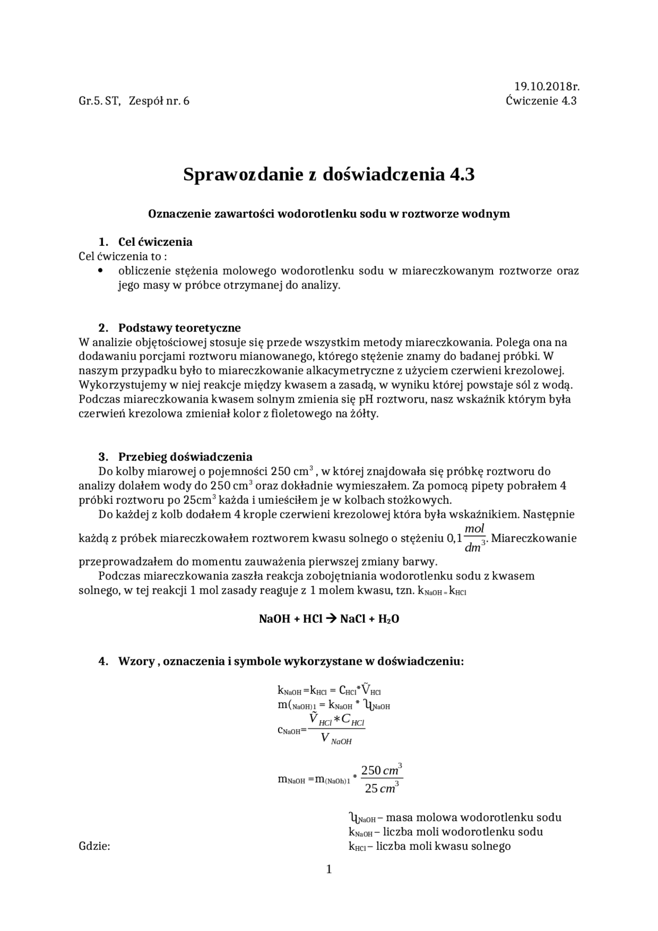 Oznaczenie zawartości wodorotlenku sodu w roztworze wodnym | Notatki