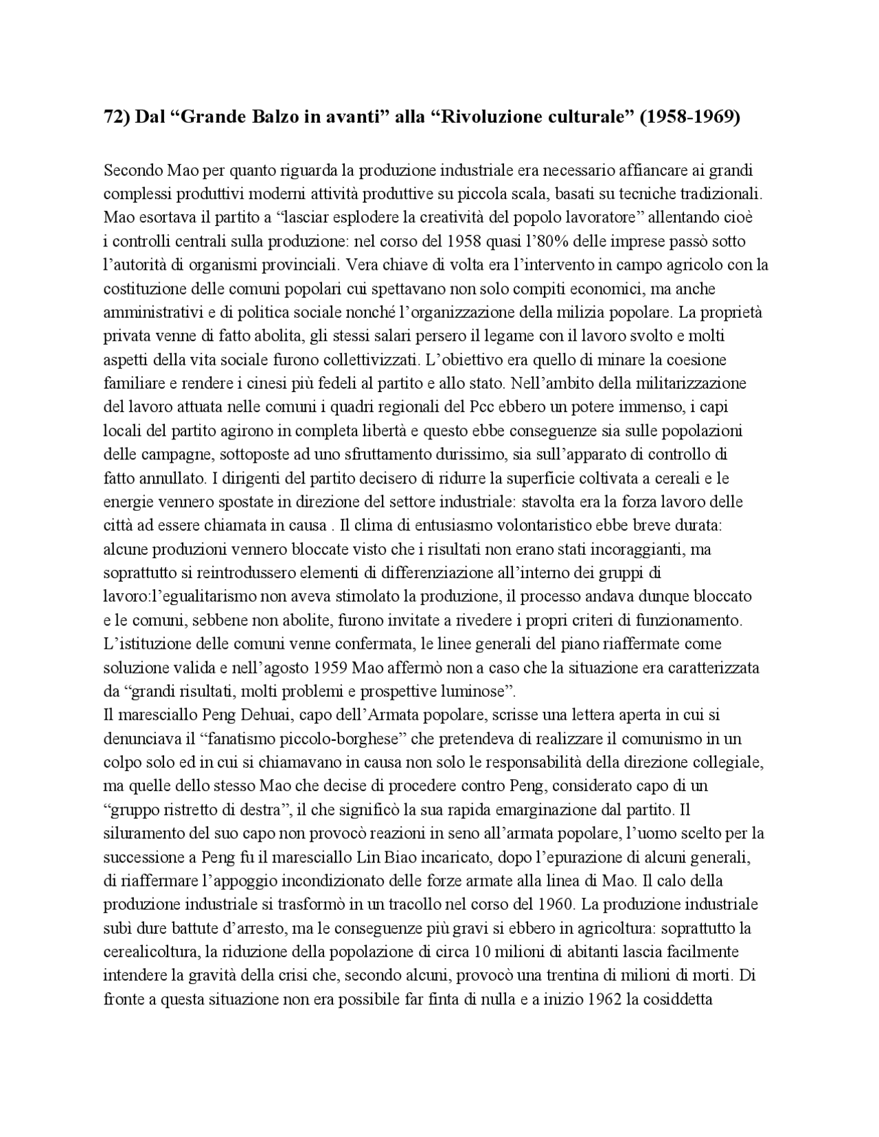 72) Dal “Grande Balzo in avanti” alla “Rivoluzione culturale” (1958