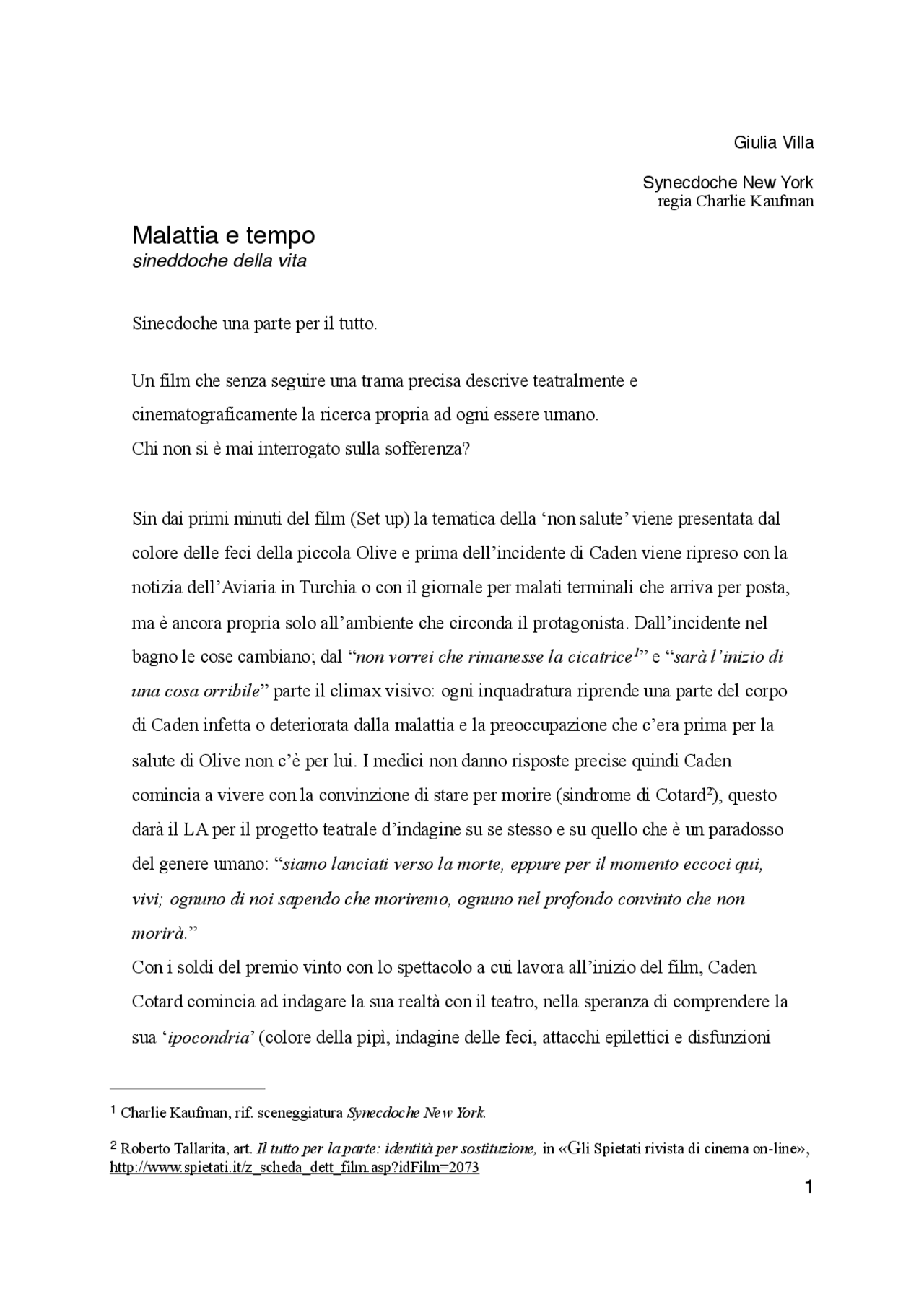 Malattia e tempo Sineddoche della vita Docsity
