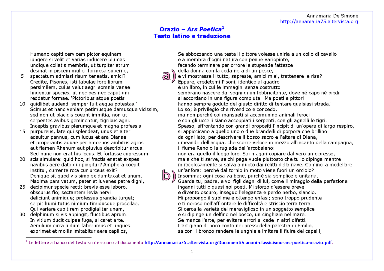 Ars poetica Orazio Appunti | Appunti di Letteratura latina | Docsity