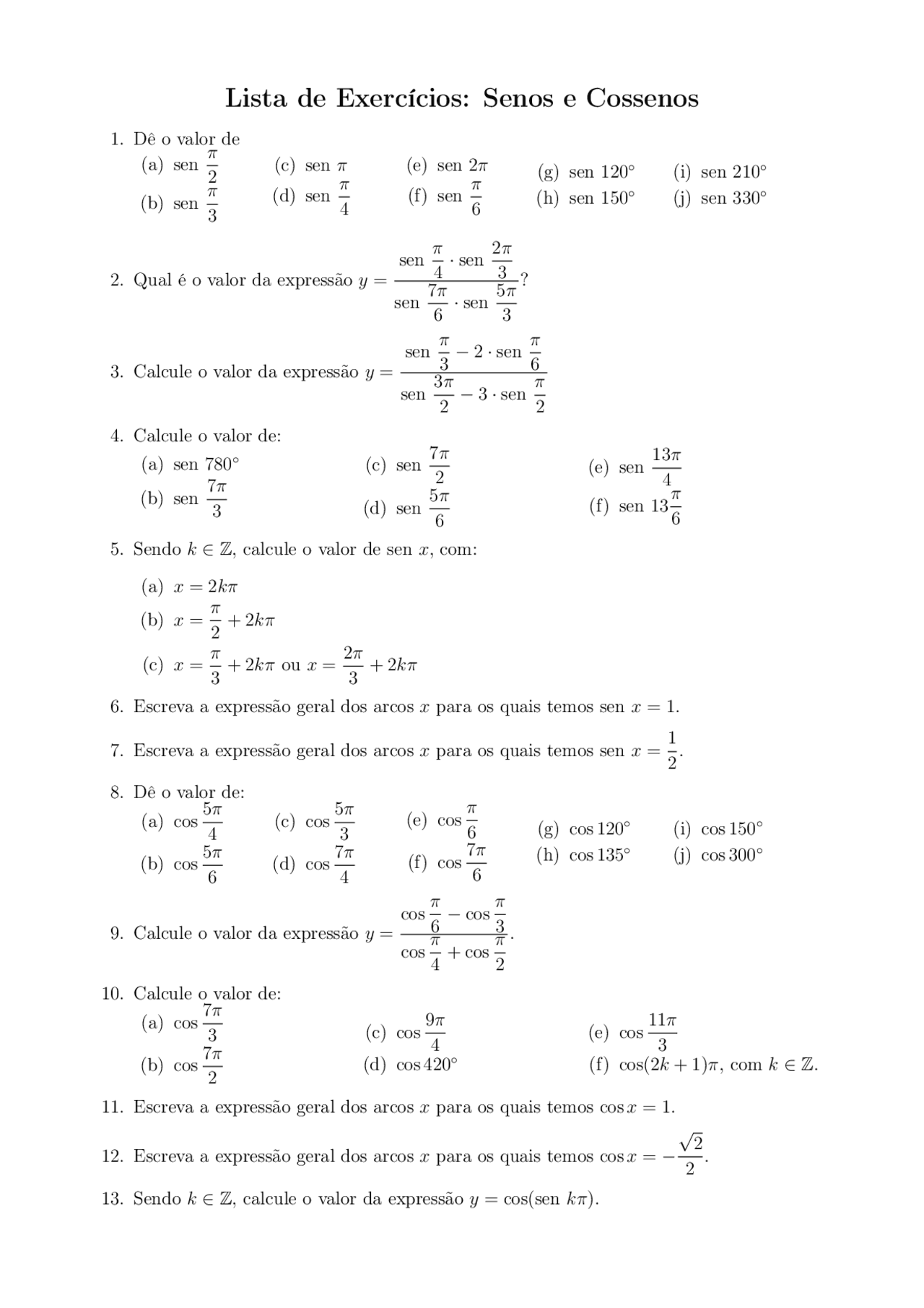 Lista de exercícios seno cosseno e tangente | Esercizi Matematica | Docsity