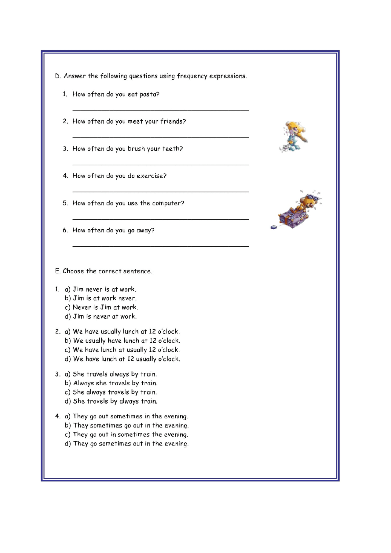 Frequency advebs for primary and secondary | Ejercicios de Inglés | Docsity