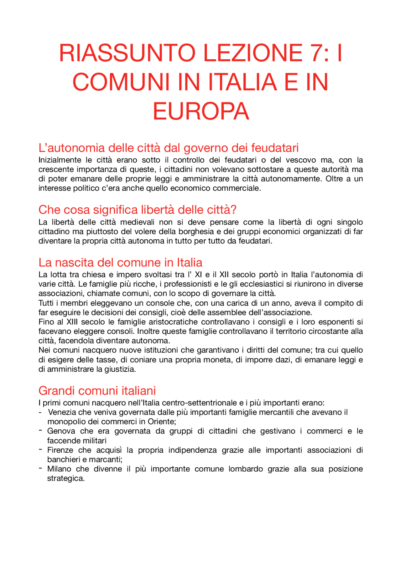 Riassunto lezione 7 i comuni in Italia e in Europa Sintesi del corso di Storia