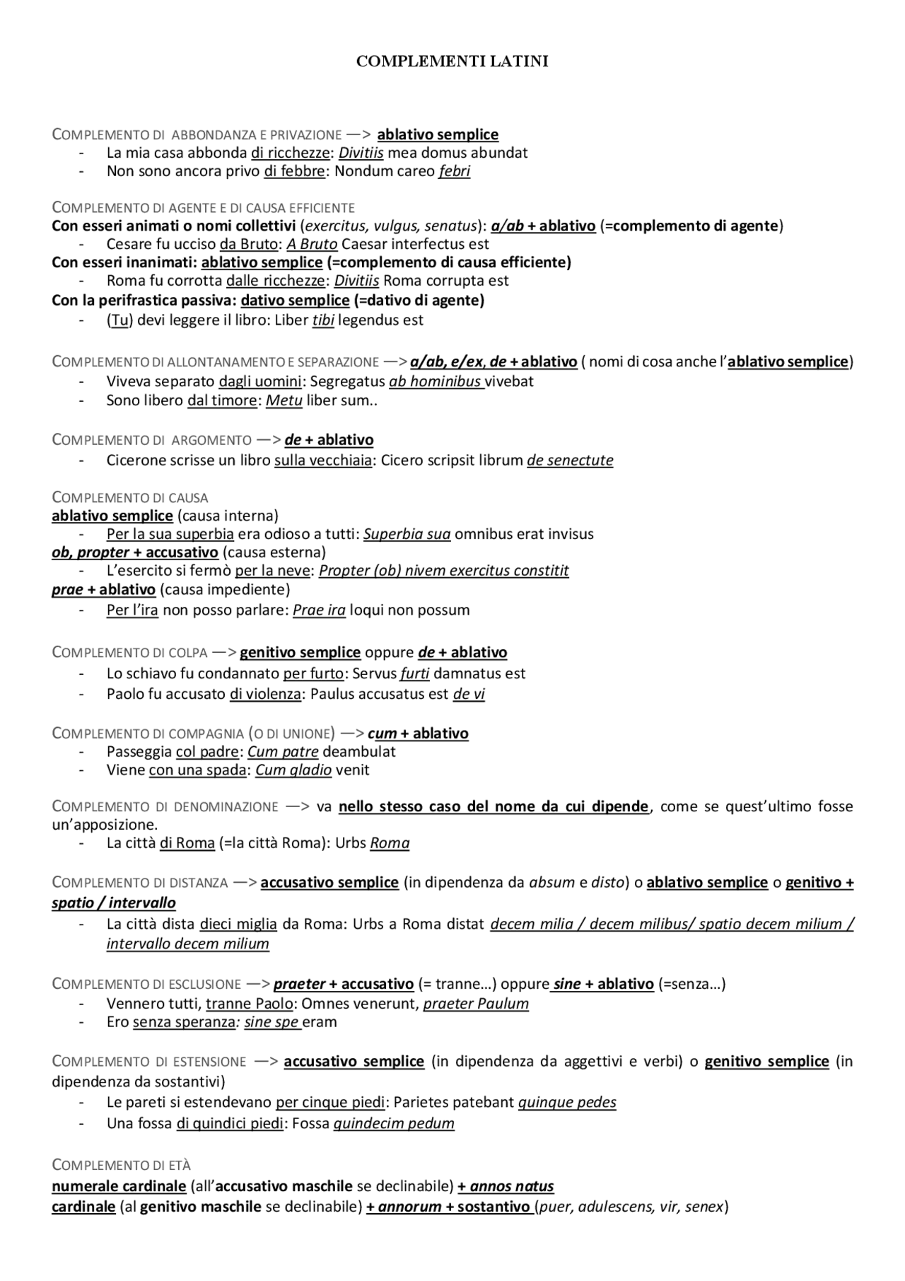 Complementi latini ed esempi | Sintesi del corso di Lingua Latina - Docsity
