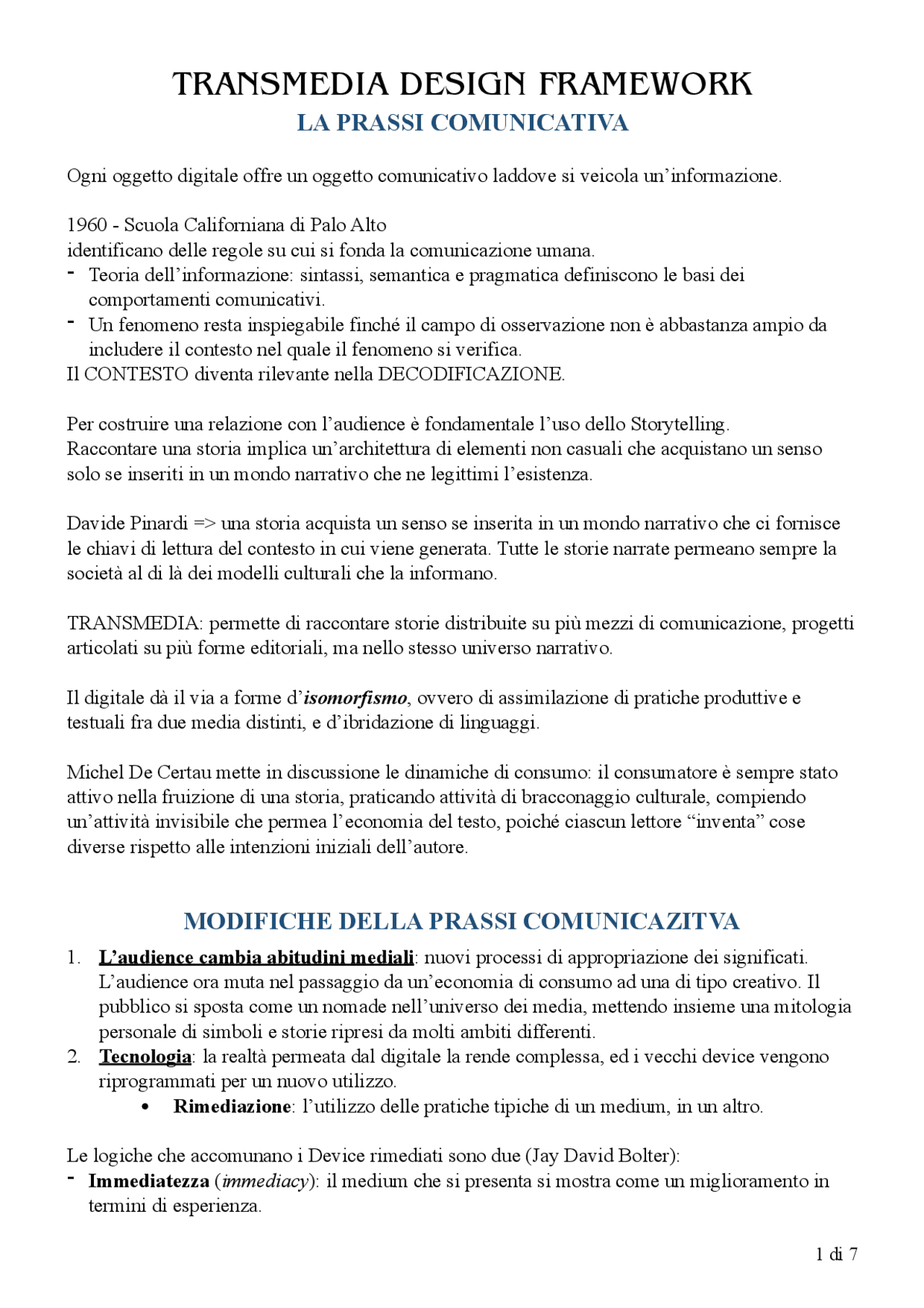 TRANSMEDIA DESIGN FRAMEWORK | Riassunto - Docsity