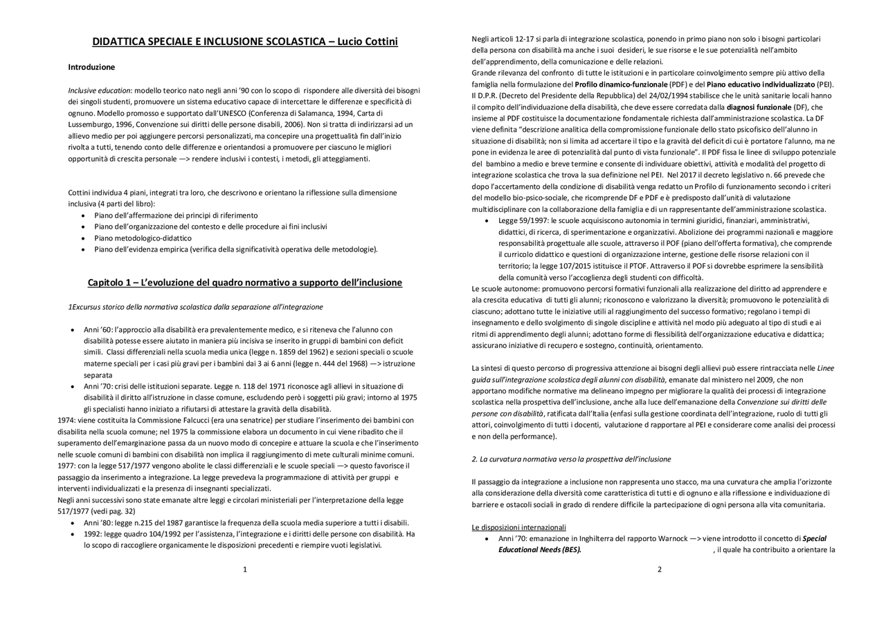 DIDATTICA SPECIALE E INCLUSIONE SCOLASTICA - COTTINI - Docsity