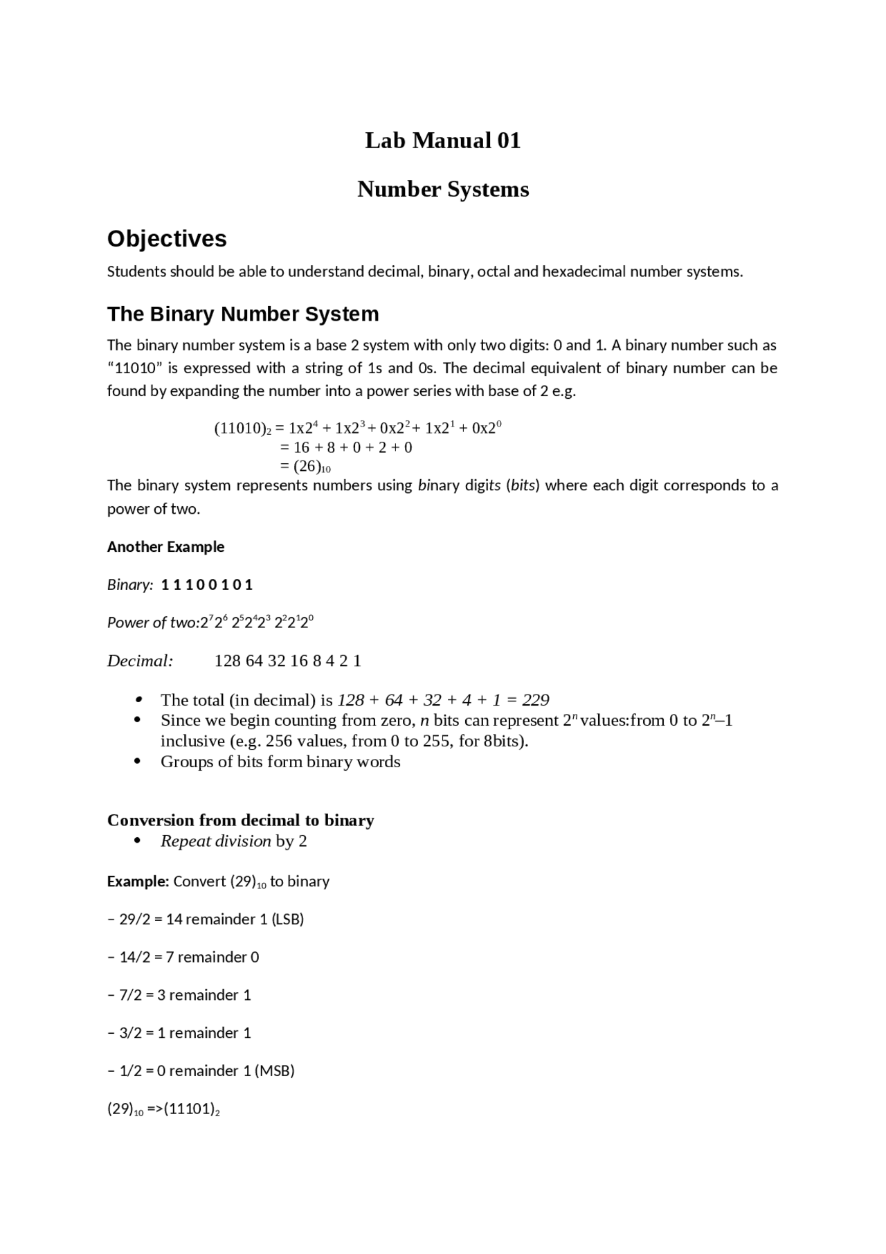 Lab for Number Systems - Docsity