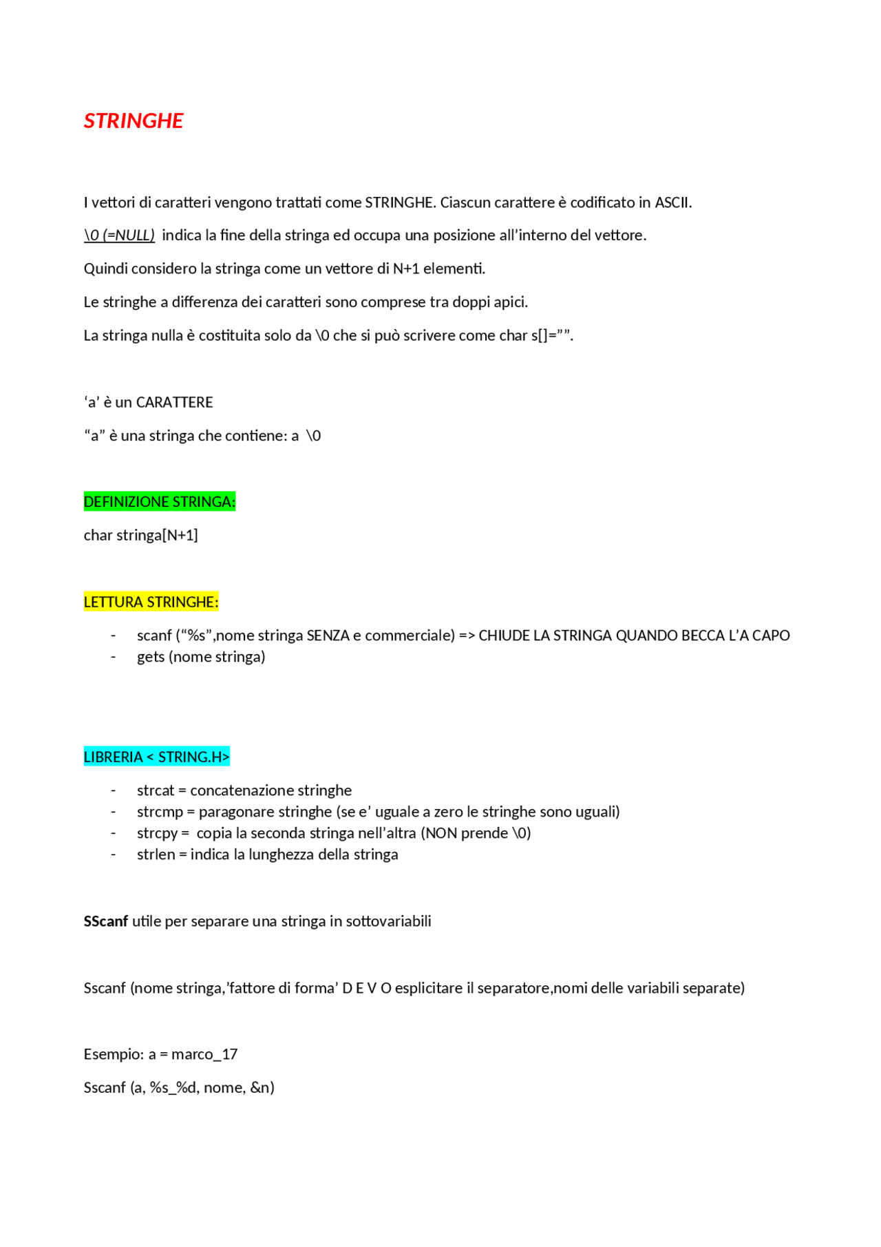 Riassunto stringhe programmazione c - Docsity