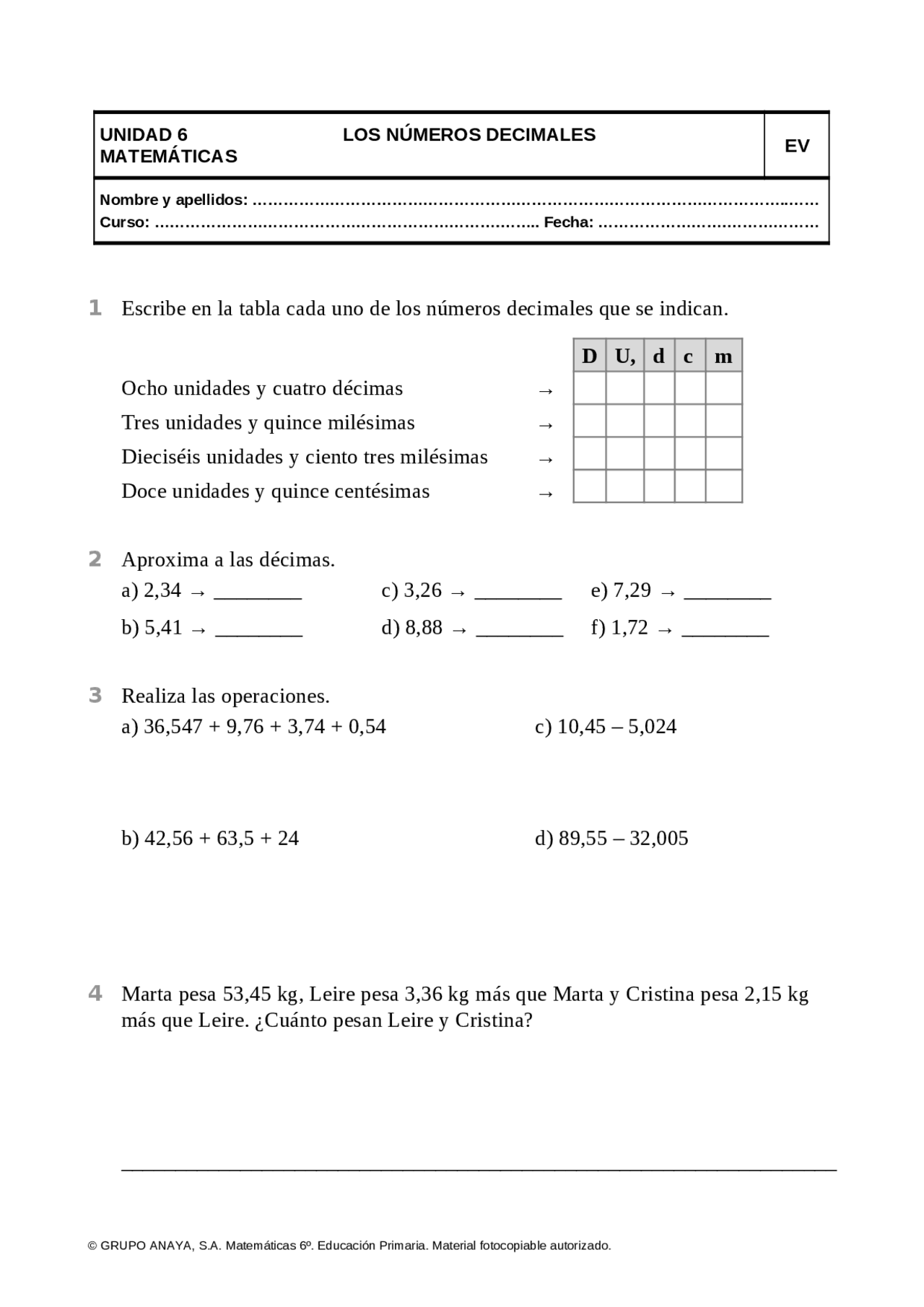 Examenes Sm 5 Primaria Números decimales, matemáticas SM 5 primaria - Docsity