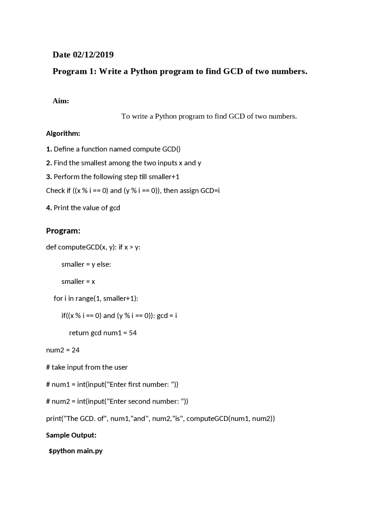 Write a Python program to find GCD of two numbers - Docsity