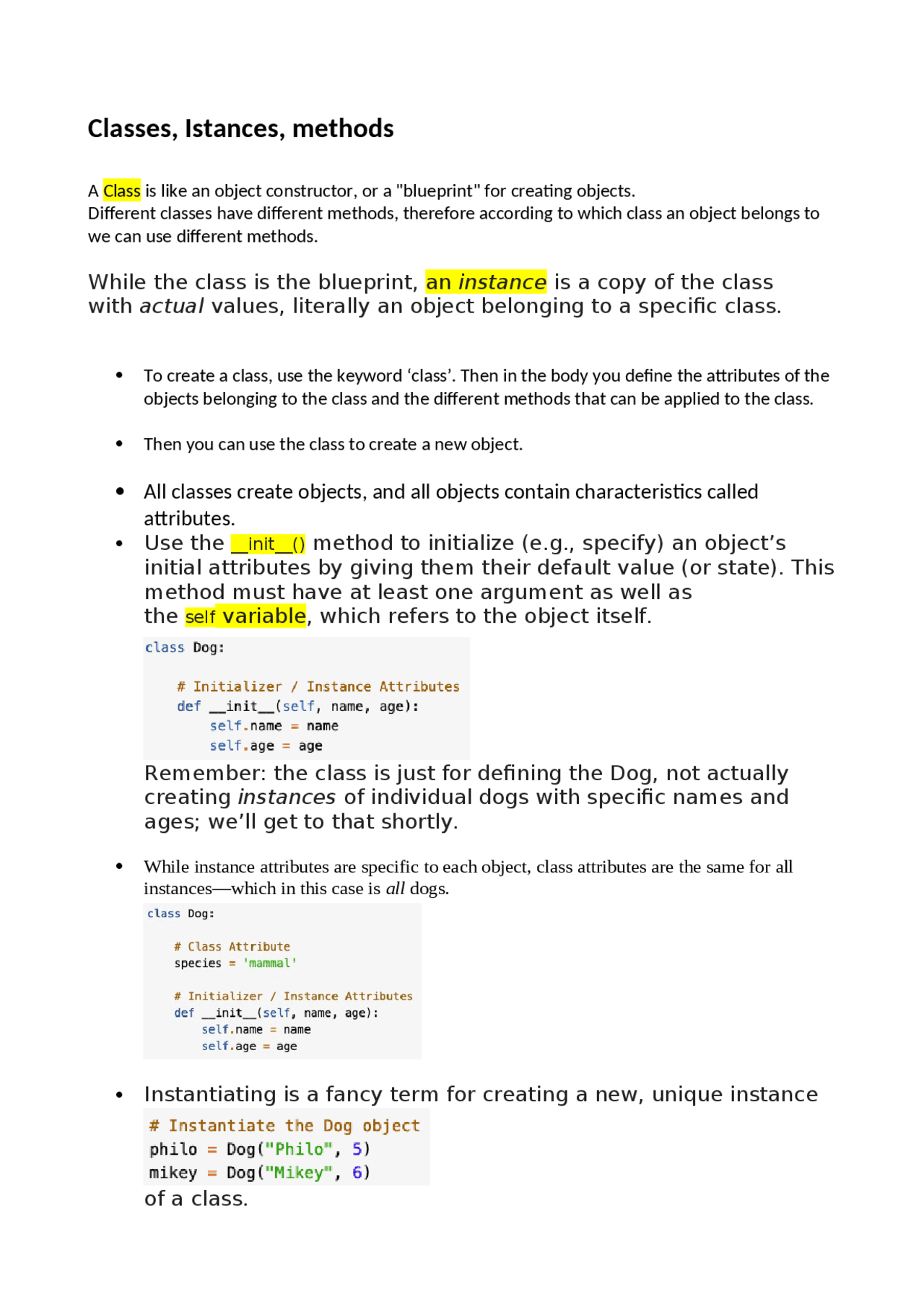 Python classes attributes - Docsity