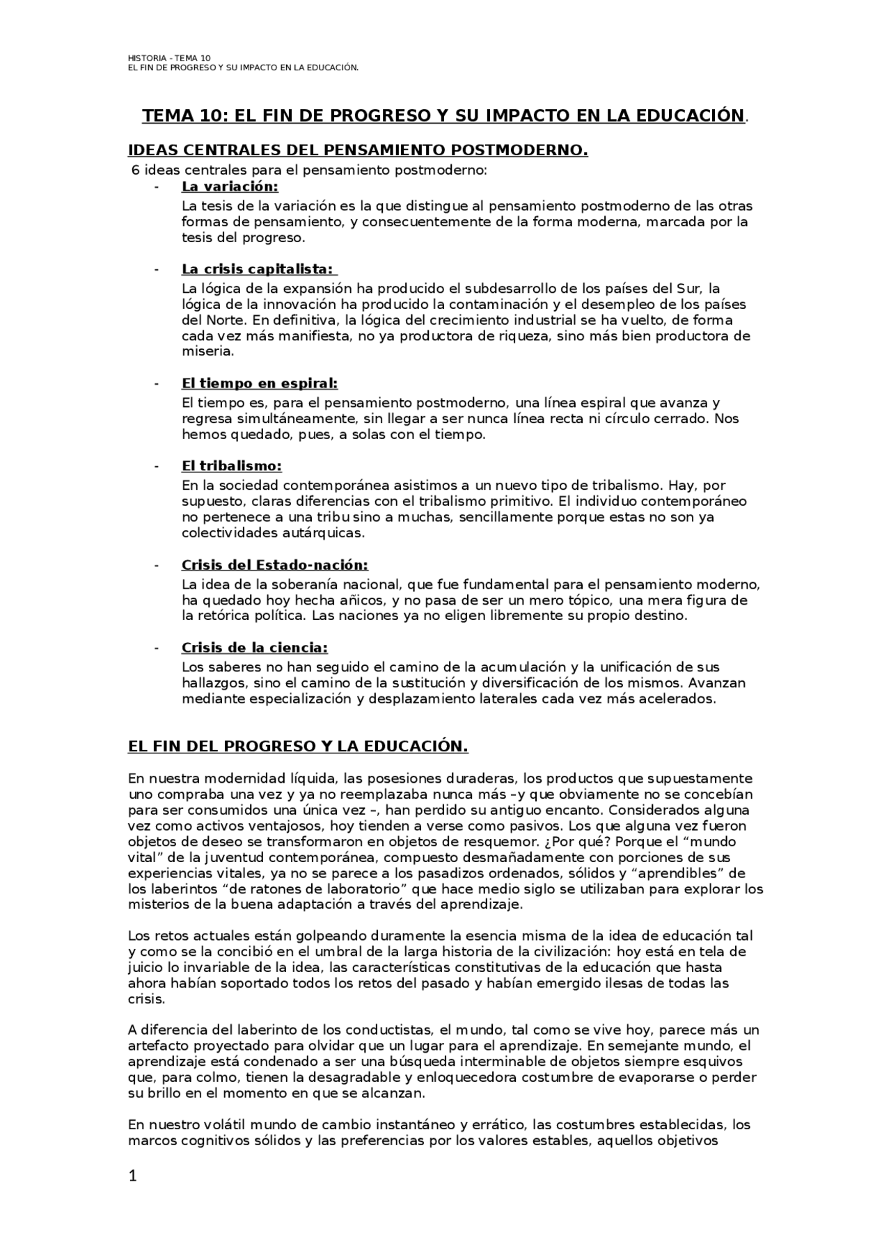 TEMA 1O - HISTORIA DE LA EDUCACION - Docsity