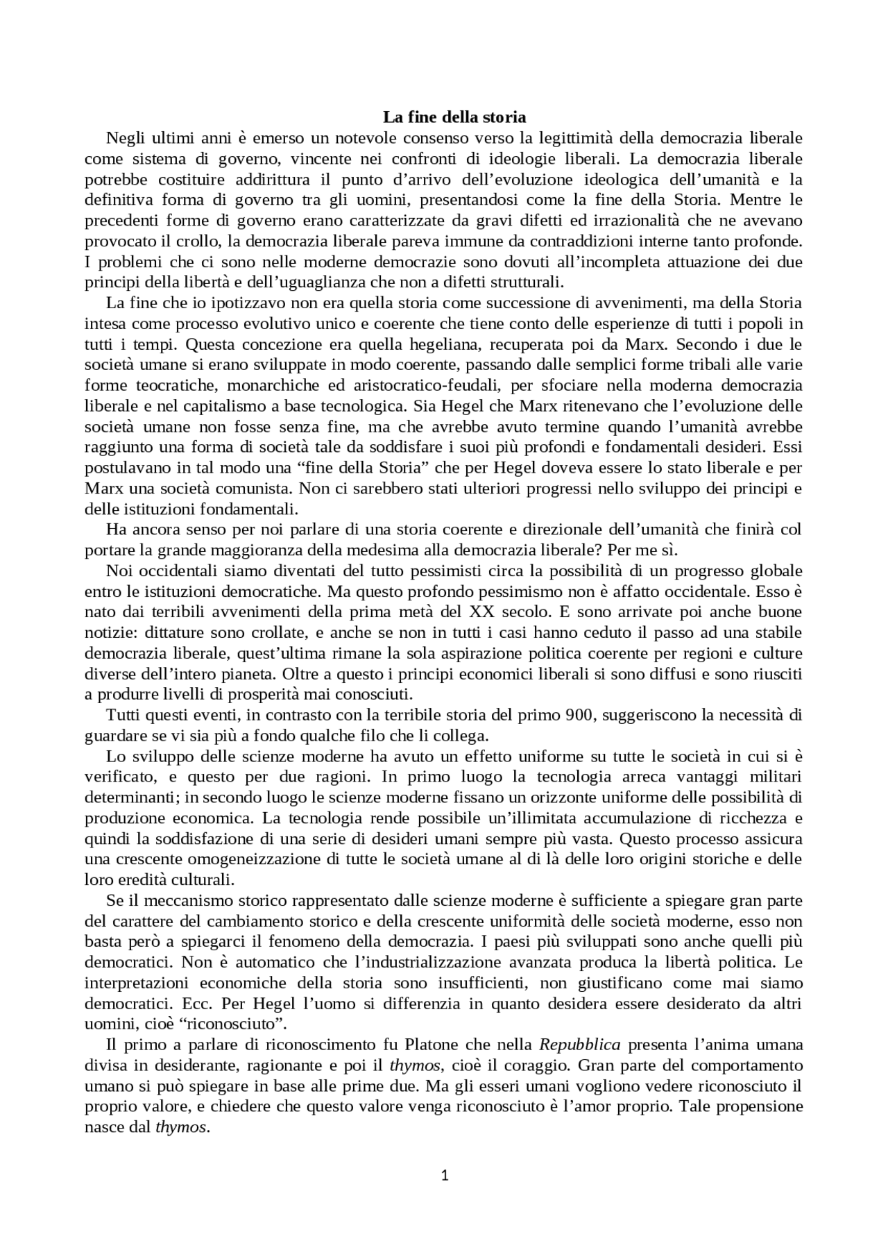 Fukuyama La fine della storia Riassunto
