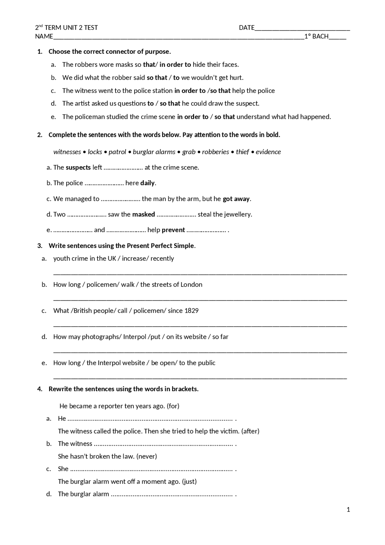 Examen 1º bach unit 2 | Exámenes de Inglés | Docsity