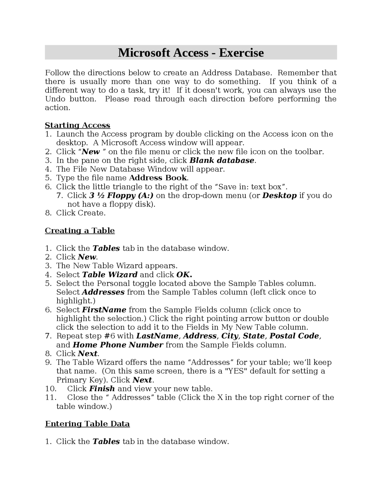 Access practical exercise | Exercises Computer science | Docsity